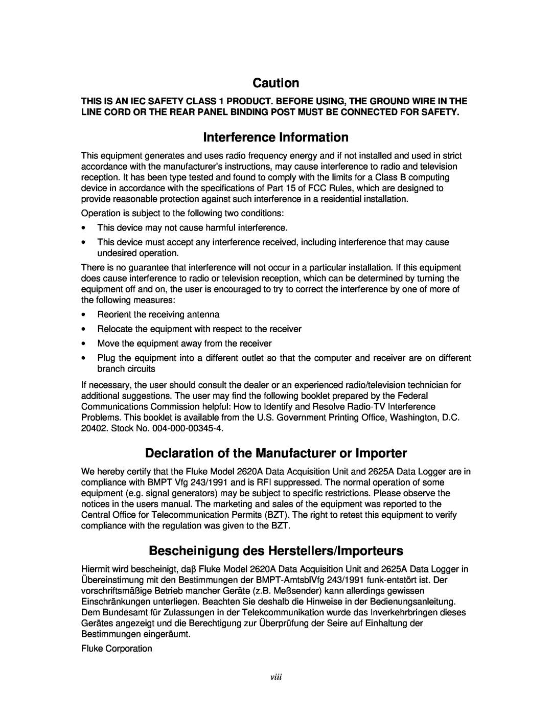 Fluke 2625A, 2620A user manual Interference Information, Declaration of the Manufacturer or Importer, viii 