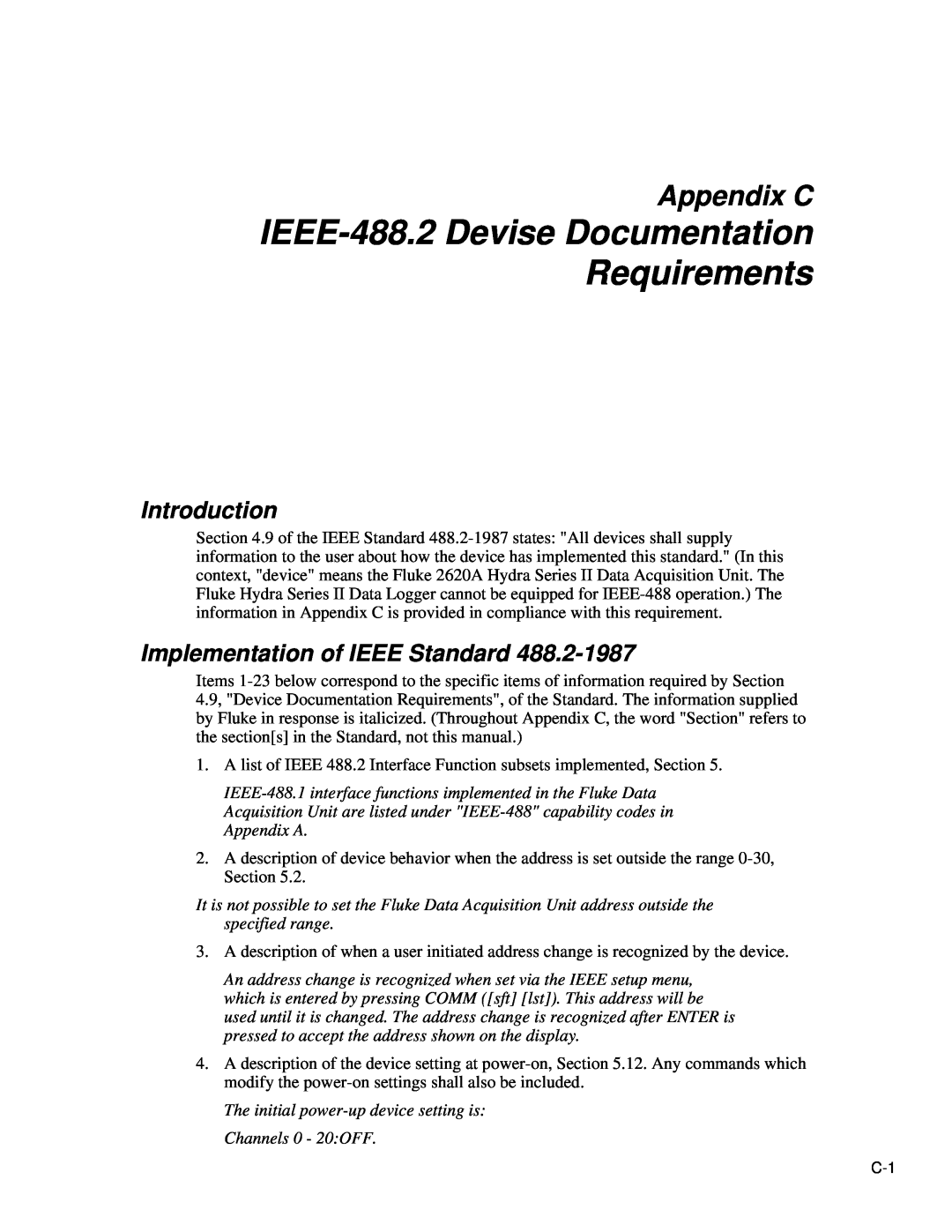 Fluke 2620A, 2625A IEEE-488.2 Devise Documentation Requirements, Appendix C, Implementation of IEEE Standard, Introduction 
