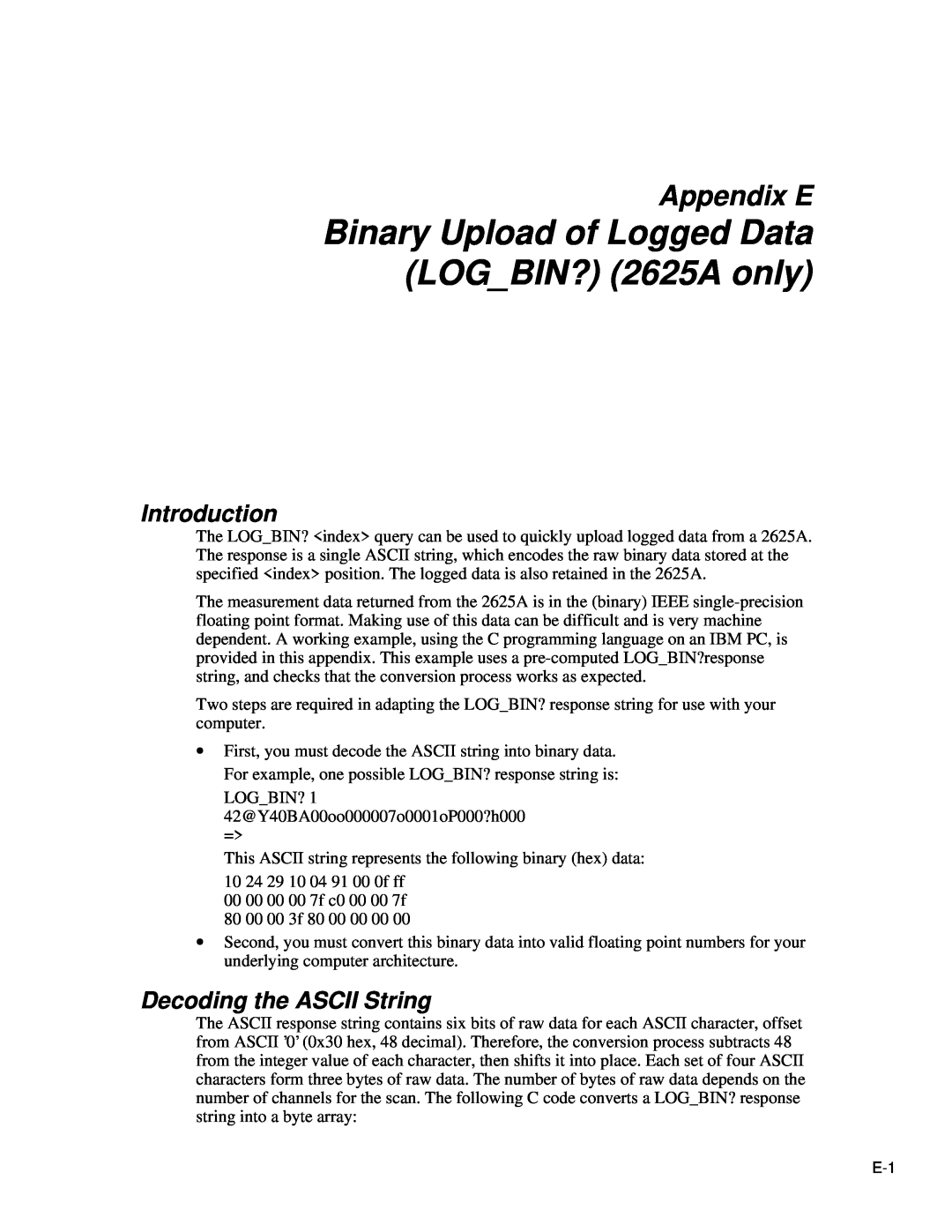 Fluke 2620A Binary Upload of Logged Data LOGBIN? 2625A only, Appendix E, Decoding the ASCII String, Introduction 
