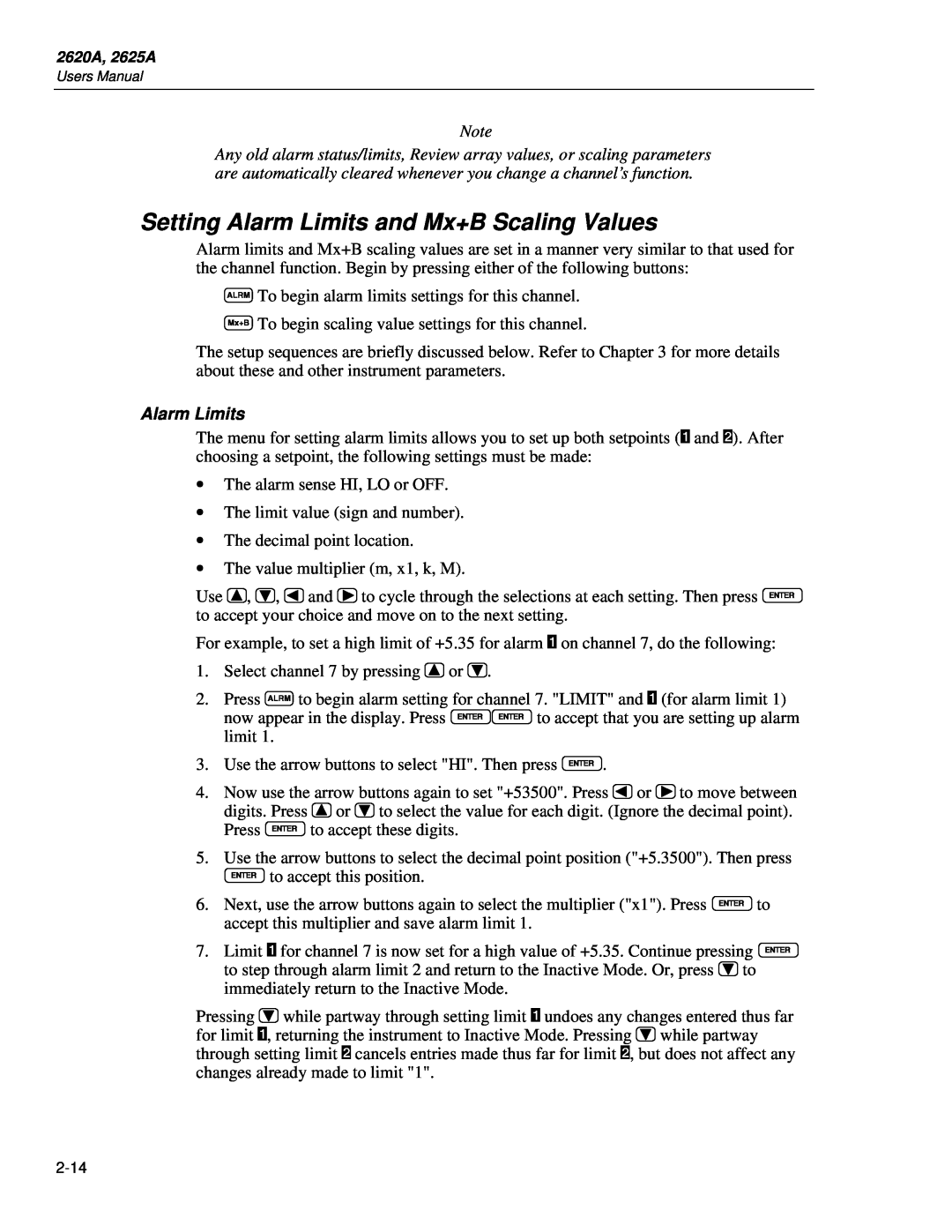 Fluke 2625A, 2620A user manual Setting Alarm Limits and Mx+B Scaling Values 