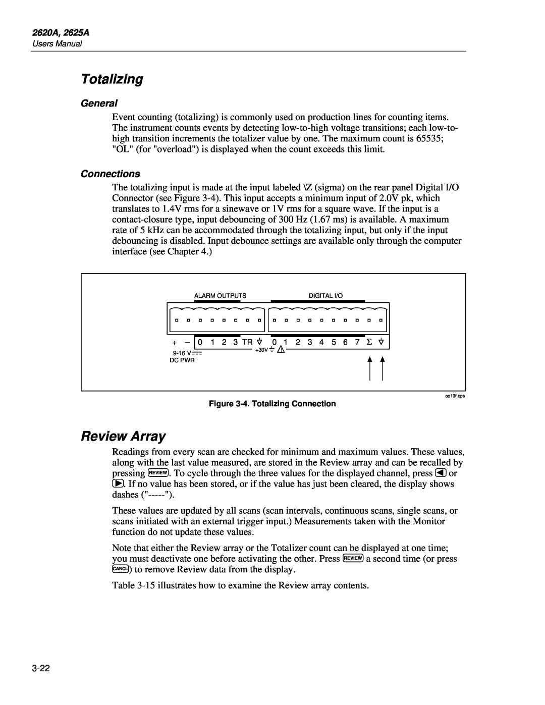 Fluke 2625A, 2620A user manual Totalizing, Review Array, General, Connections 