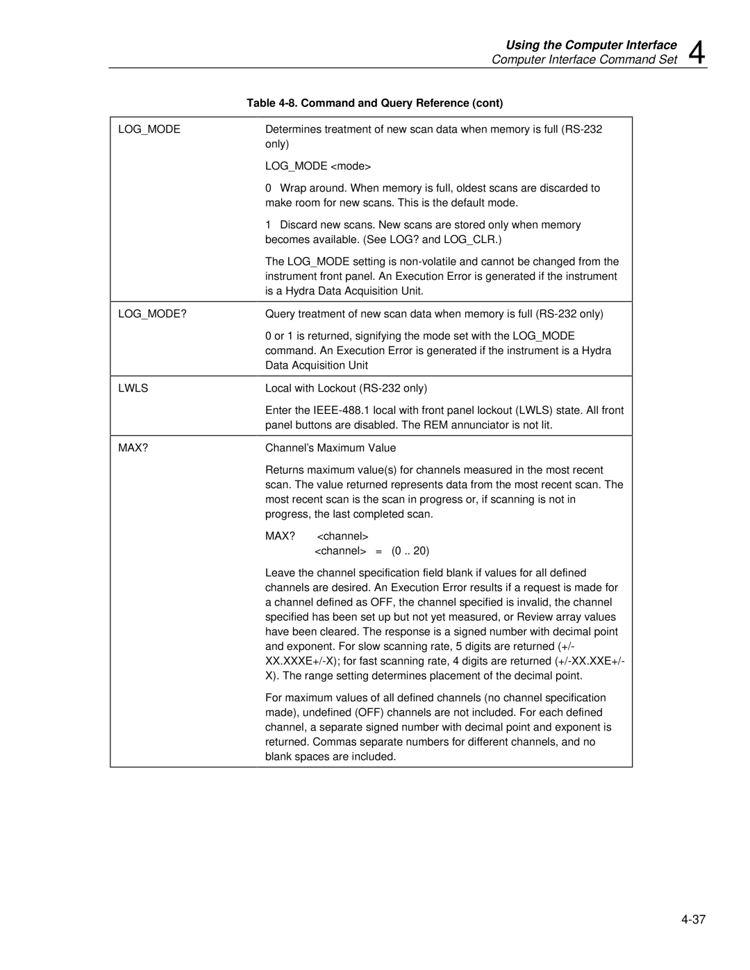 Fluke 2620A, 2625A user manual Logmode LOGMODE? Lwls MAX? 