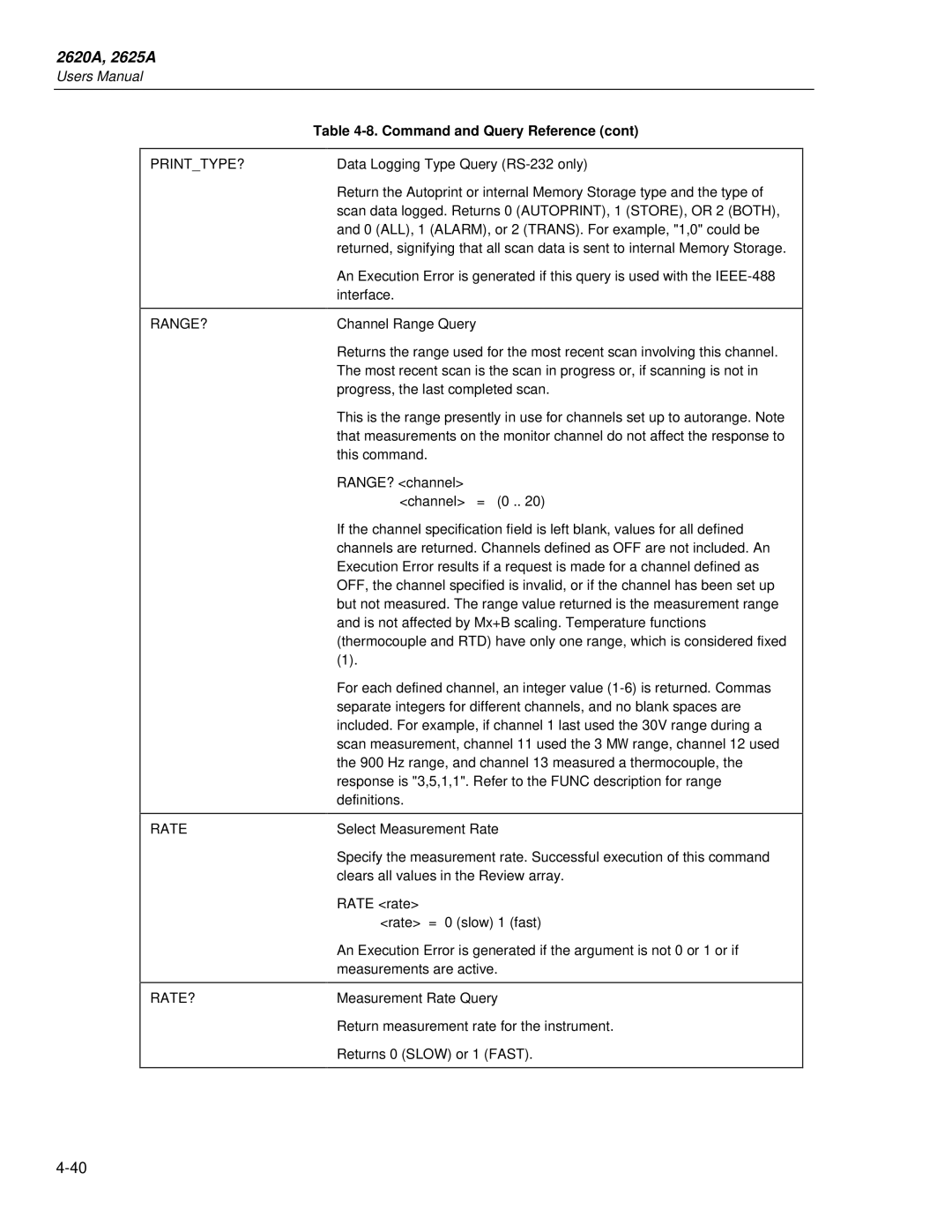 Fluke 2625A, 2620A user manual Printtype?, Rate RATE? 