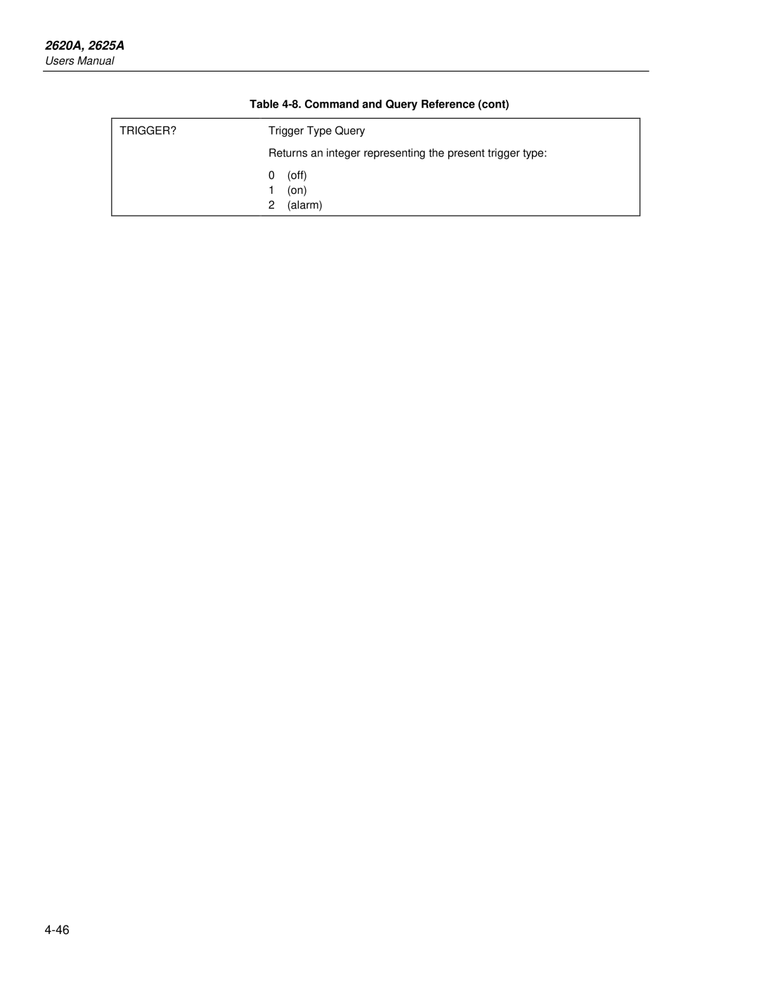 Fluke 2625A, 2620A user manual Returns an integer representing the present trigger type 