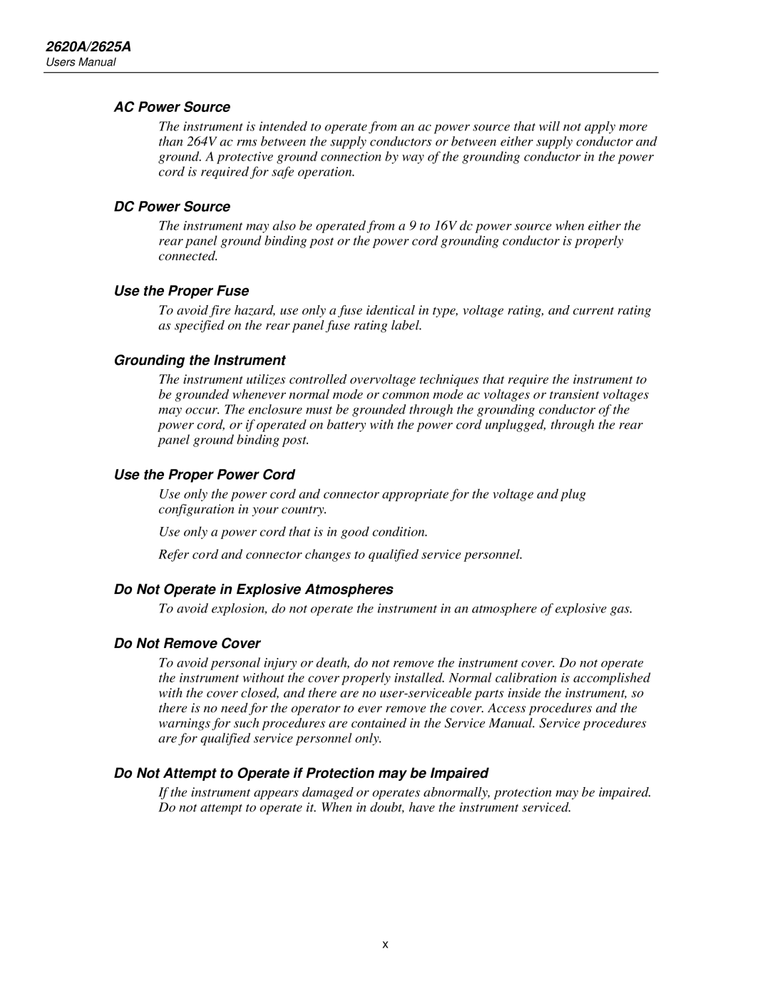 Fluke user manual 2620A/2625A AC Power Source, DC Power Source, Use the Proper Fuse, Grounding the Instrument 