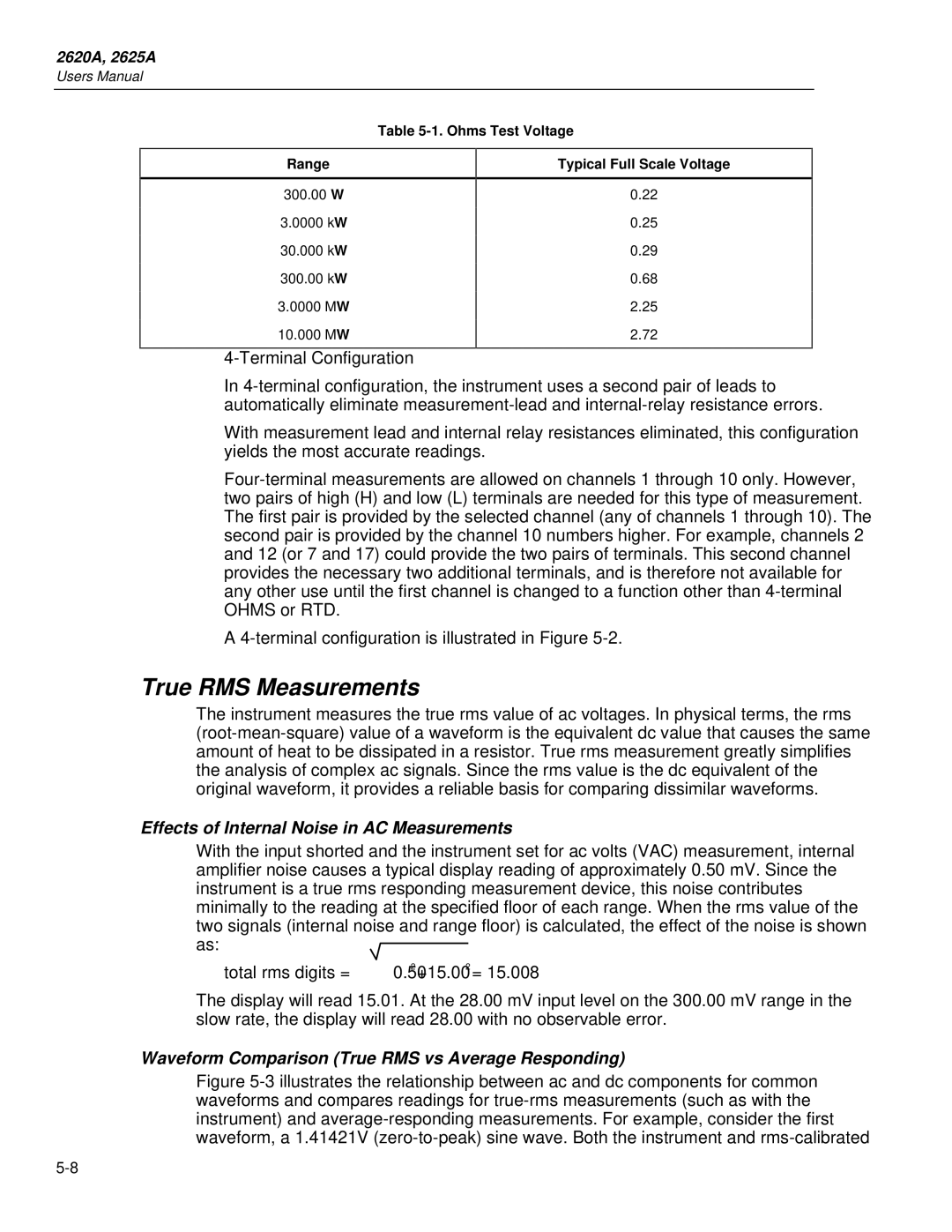 Fluke 2625A, 2620A user manual True RMS Measurements, Effects of Internal Noise in AC Measurements, Ohms Test Voltage Range 