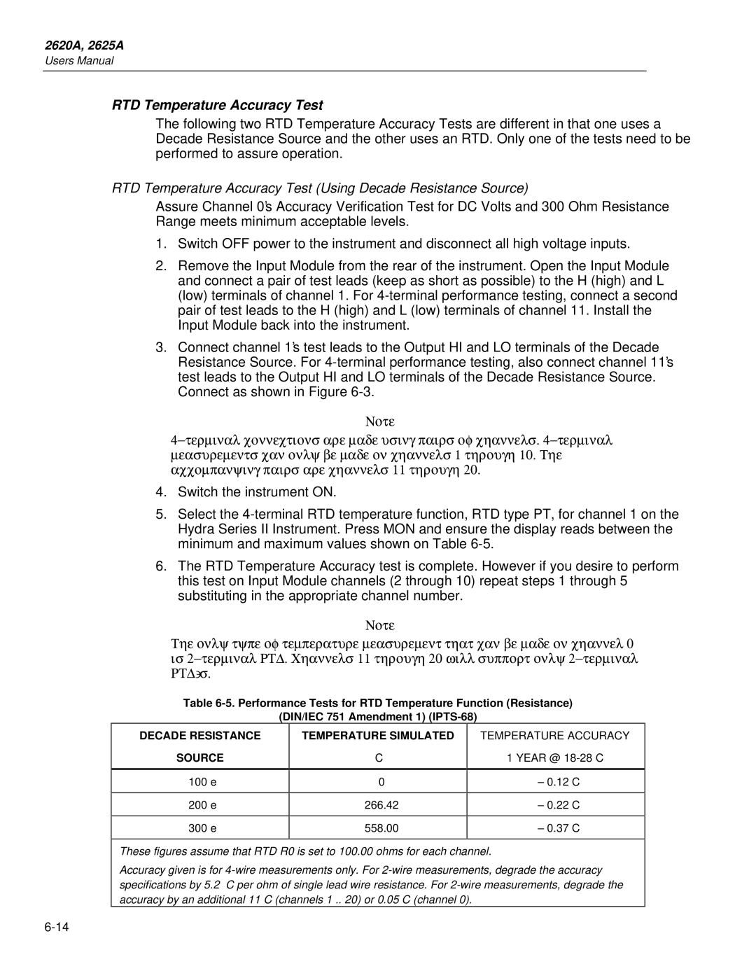 Fluke 2625A, 2620A user manual RTD Temperature Accuracy Test, Year @ 18-28C 