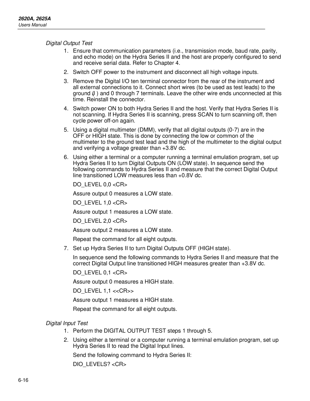 Fluke 2625A, 2620A user manual Digital Output Test, Digital Input Test 