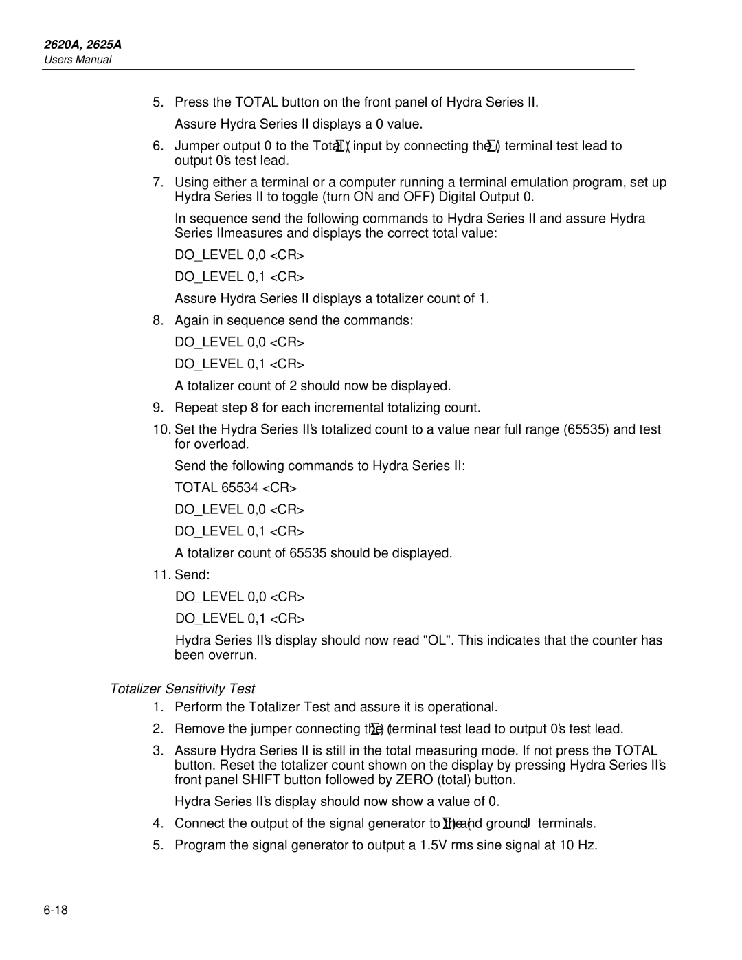 Fluke 2625A, 2620A user manual Dolevel 0,0 CR Dolevel 0,1 CR, Totalizer Sensitivity Test 