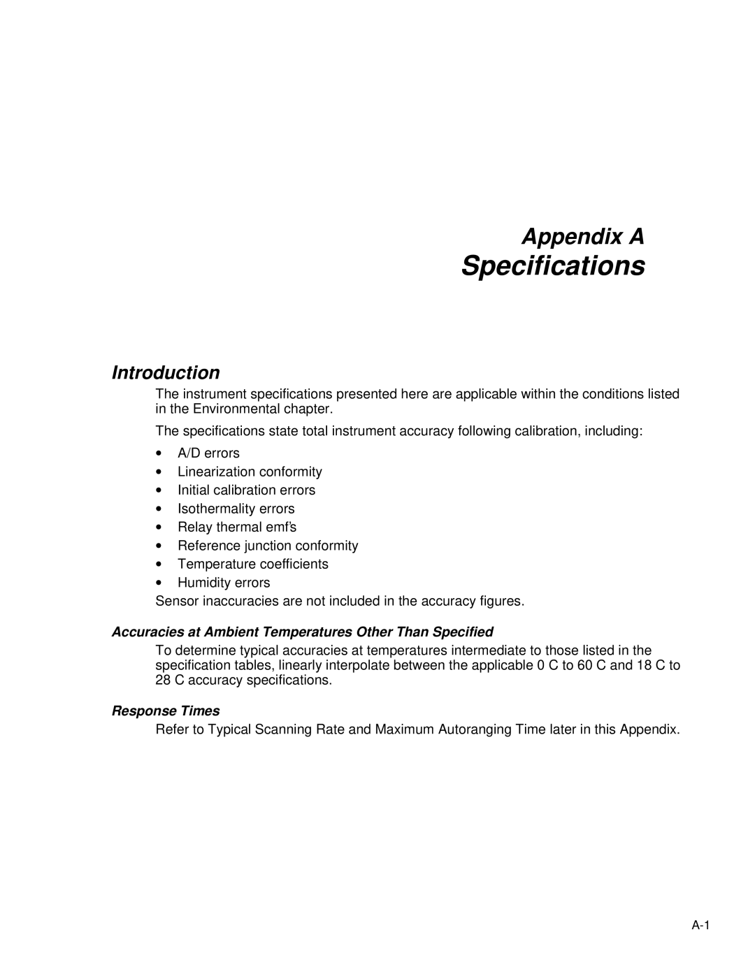 Fluke 2620A, 2625A user manual Specifications, Accuracies at Ambient Temperatures Other Than Specified, Response Times 