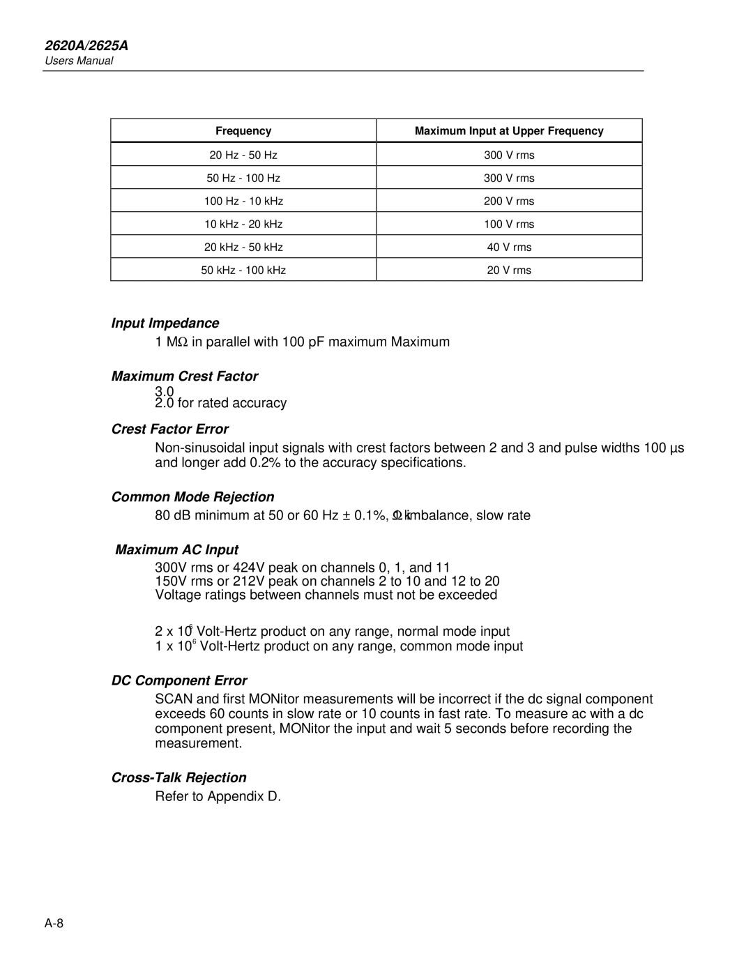 Fluke 2625A, 2620A user manual Maximum Crest Factor, Crest Factor Error, Maximum AC Input, DC Component Error 