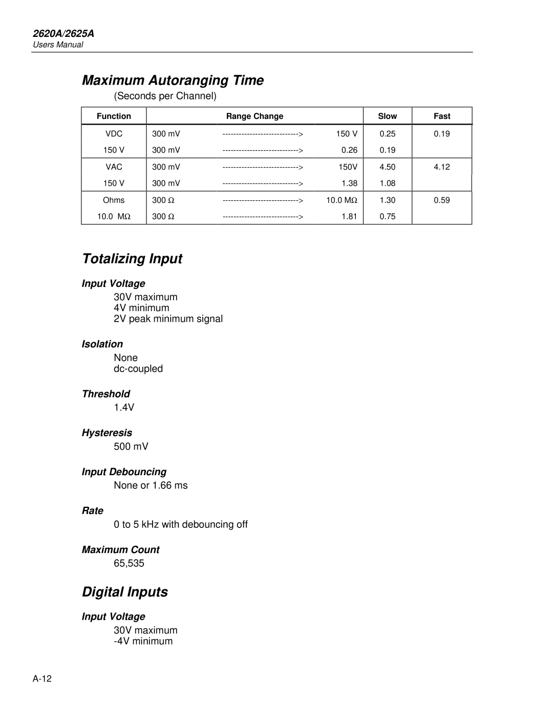 Fluke 2625A, 2620A user manual Maximum Autoranging Time, Totalizing Input, Digital Inputs 