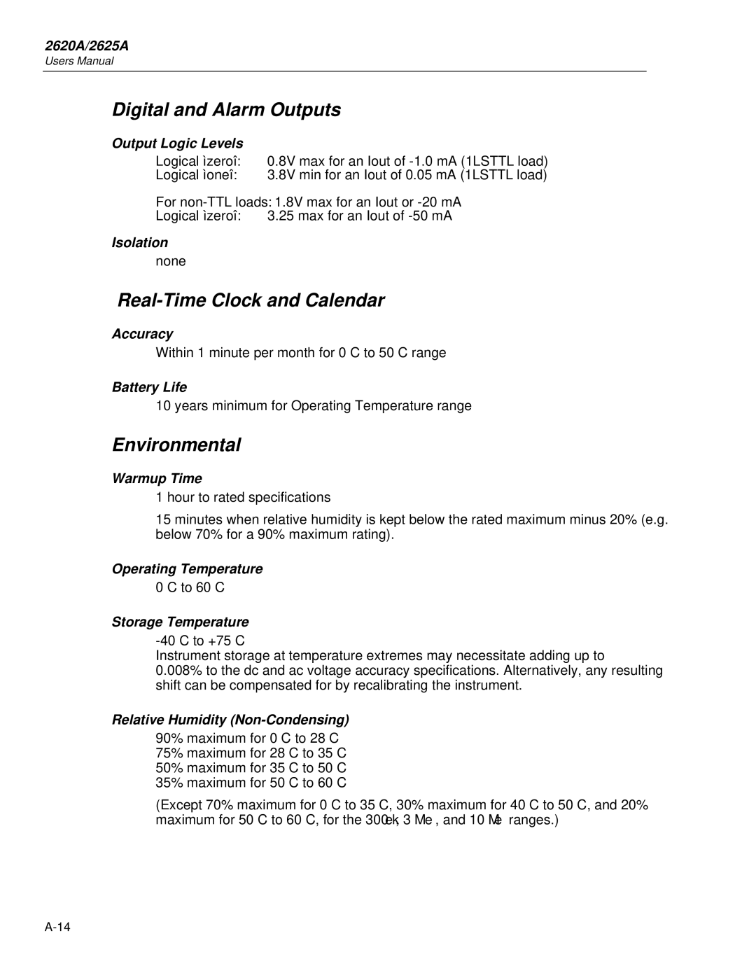 Fluke 2625A, 2620A user manual Digital and Alarm Outputs, Real-Time Clock and Calendar, Environmental 