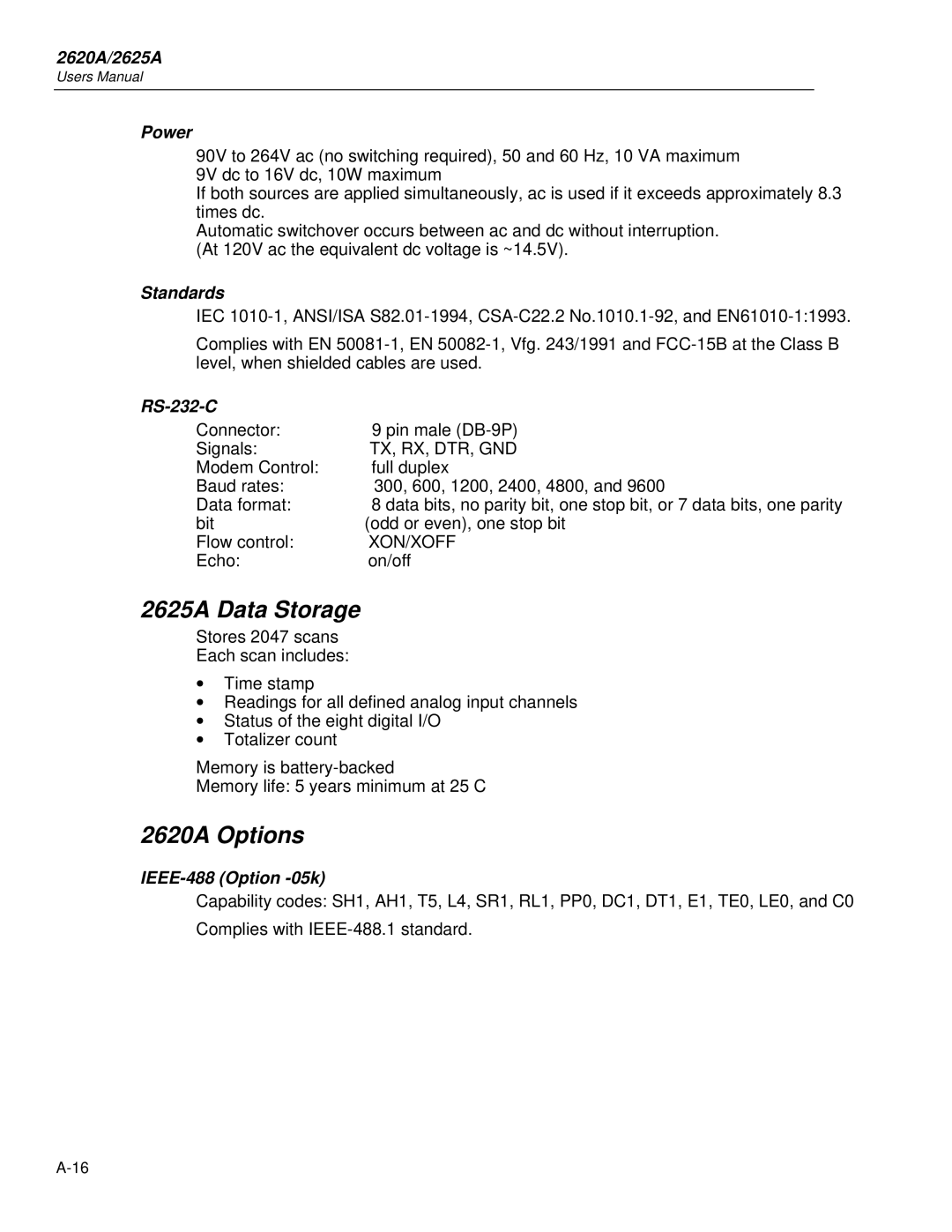 Fluke user manual 2625A Data Storage, 2620A Options 