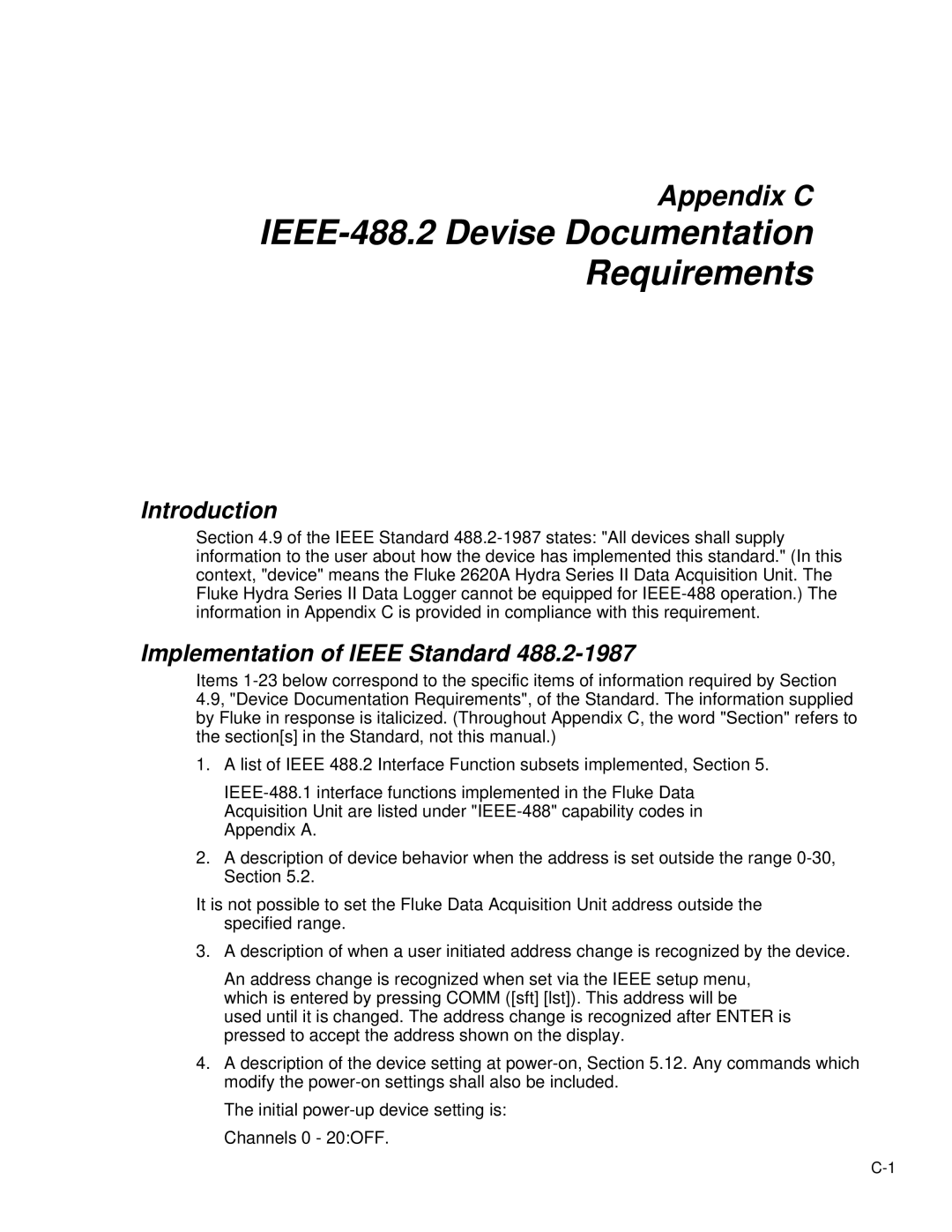 Fluke 2620A, 2625A user manual IEEE-488.2 Devise Documentation Requirements, Implementation of Ieee Standard 