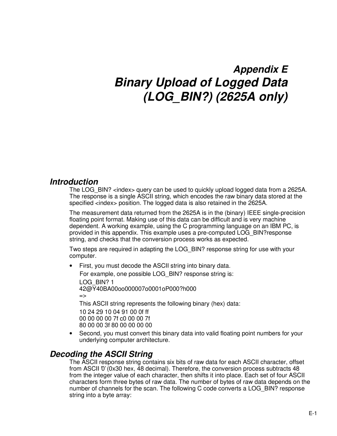 Fluke 2620A user manual Binary Upload of Logged Data LOGBIN? 2625A only, Decoding the Ascii String 