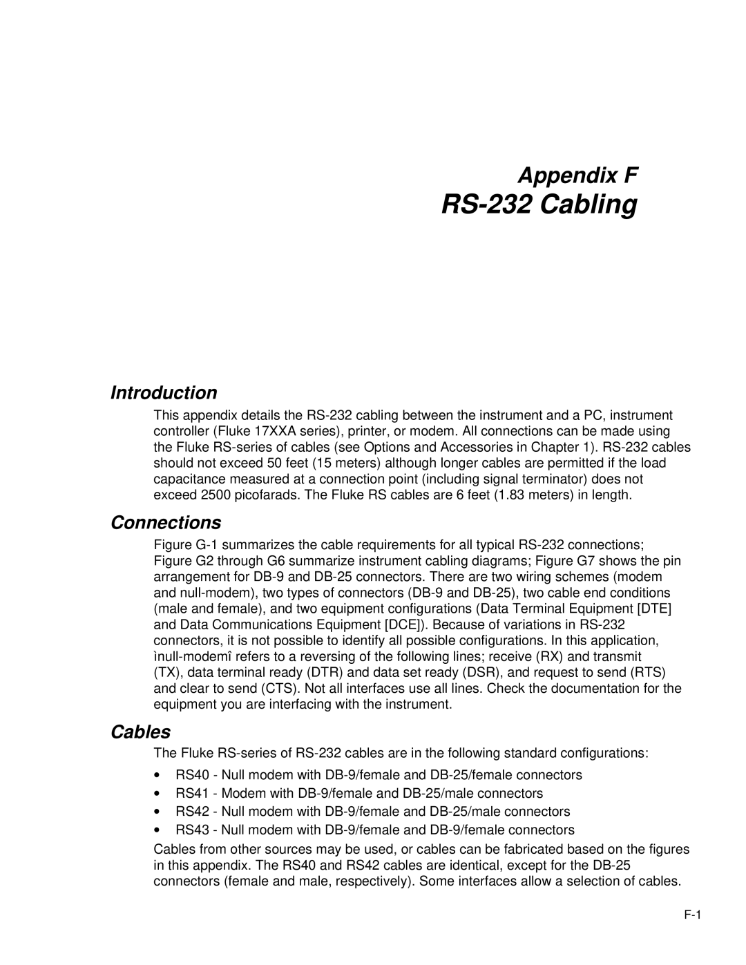 Fluke 2620A, 2625A user manual RS-232 Cabling, Connections, Cables 