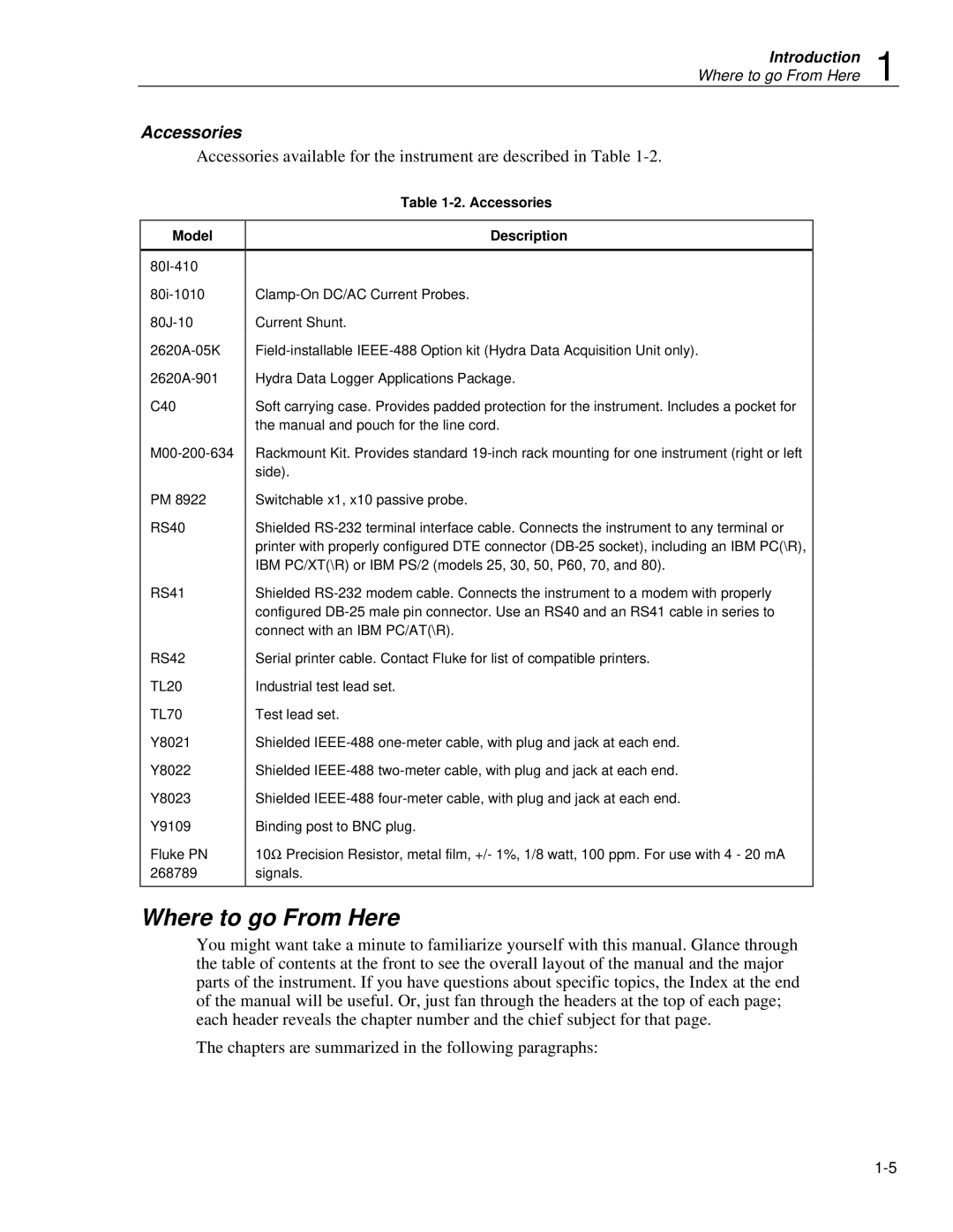 Fluke 2620A, 2625A user manual Where to go From Here, Model, Accessories Description 