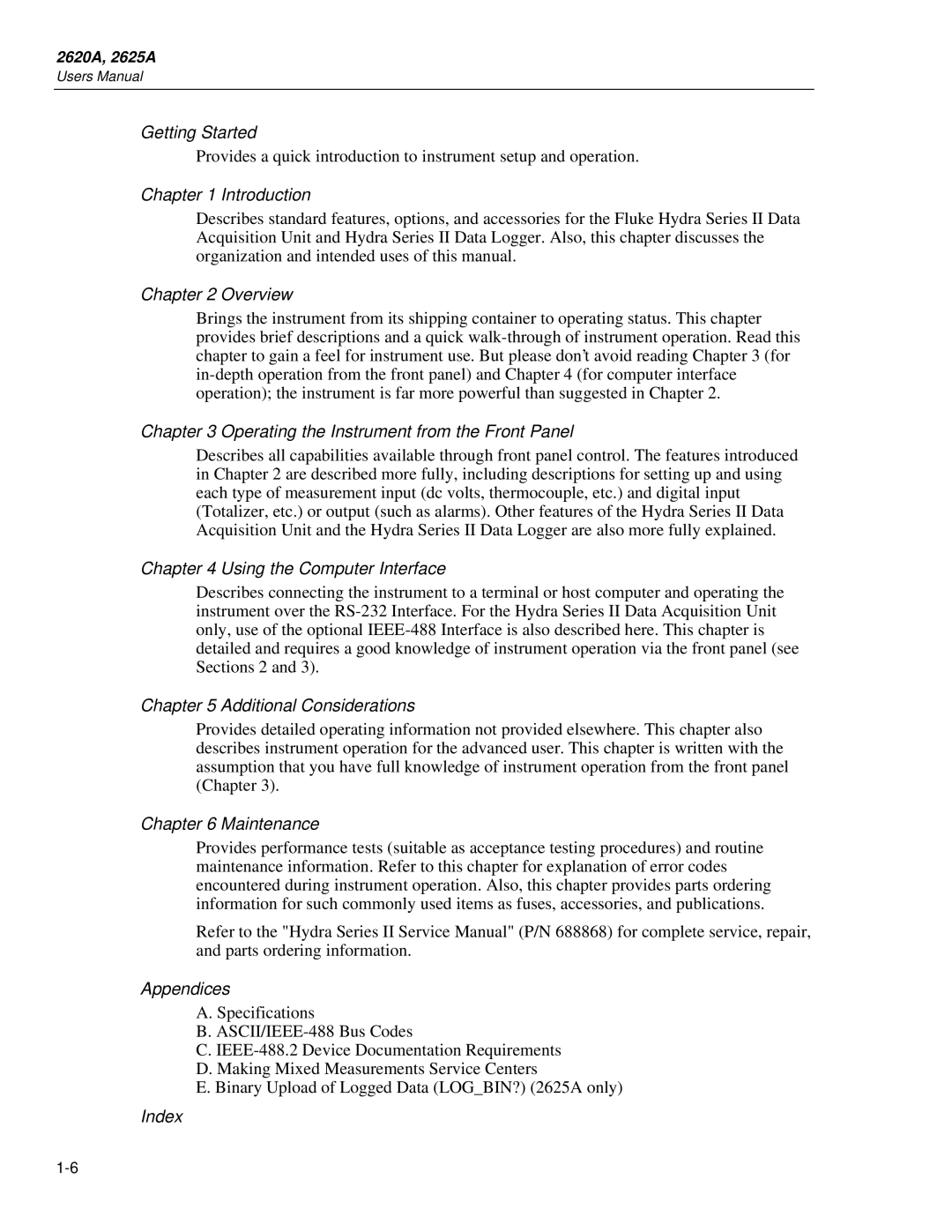 Fluke 2625A Getting Started, Introduction, Overview, Operating the Instrument from the Front Panel, Maintenance, Index 