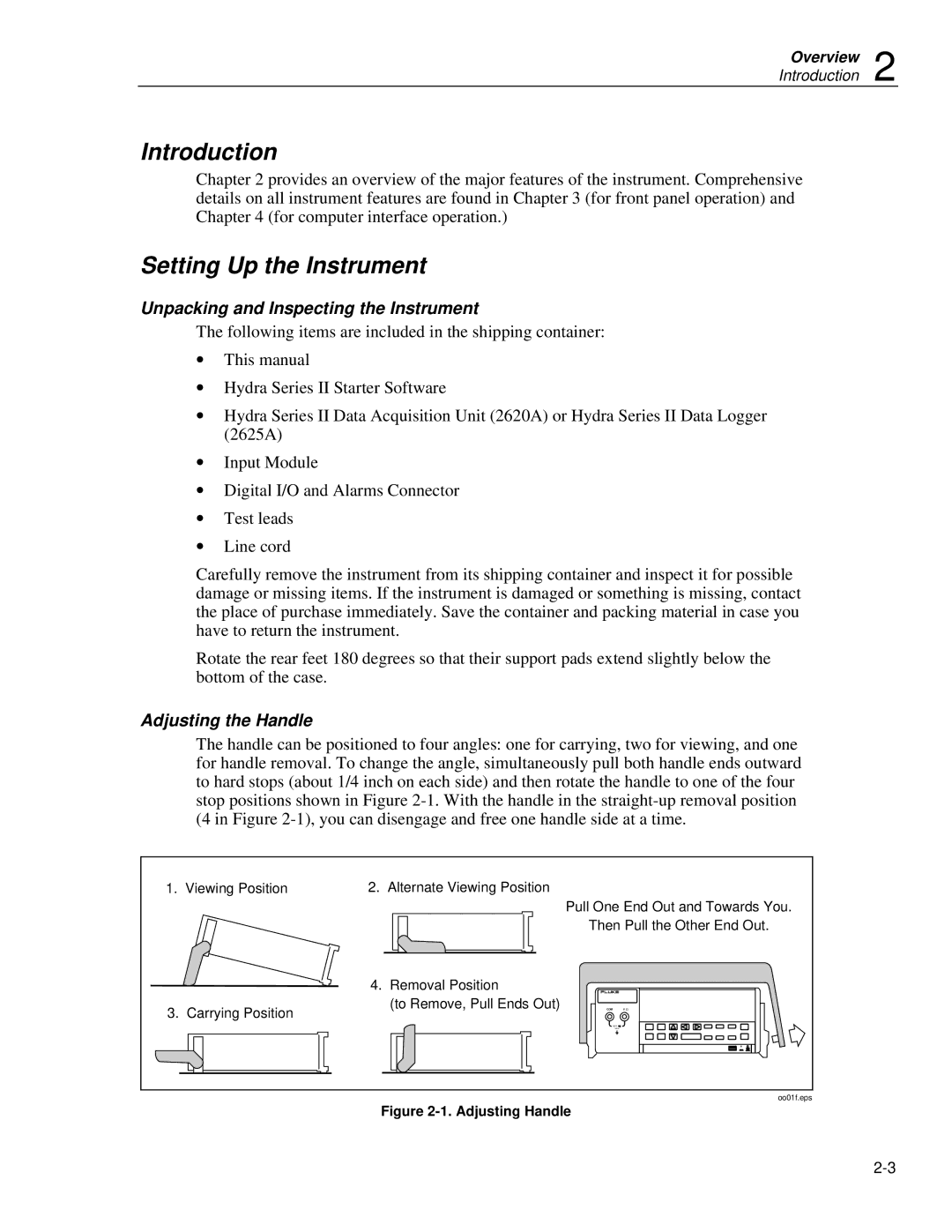 Fluke 2620A, 2625A Introduction, Setting Up the Instrument, Unpacking and Inspecting the Instrument, Adjusting the Handle 