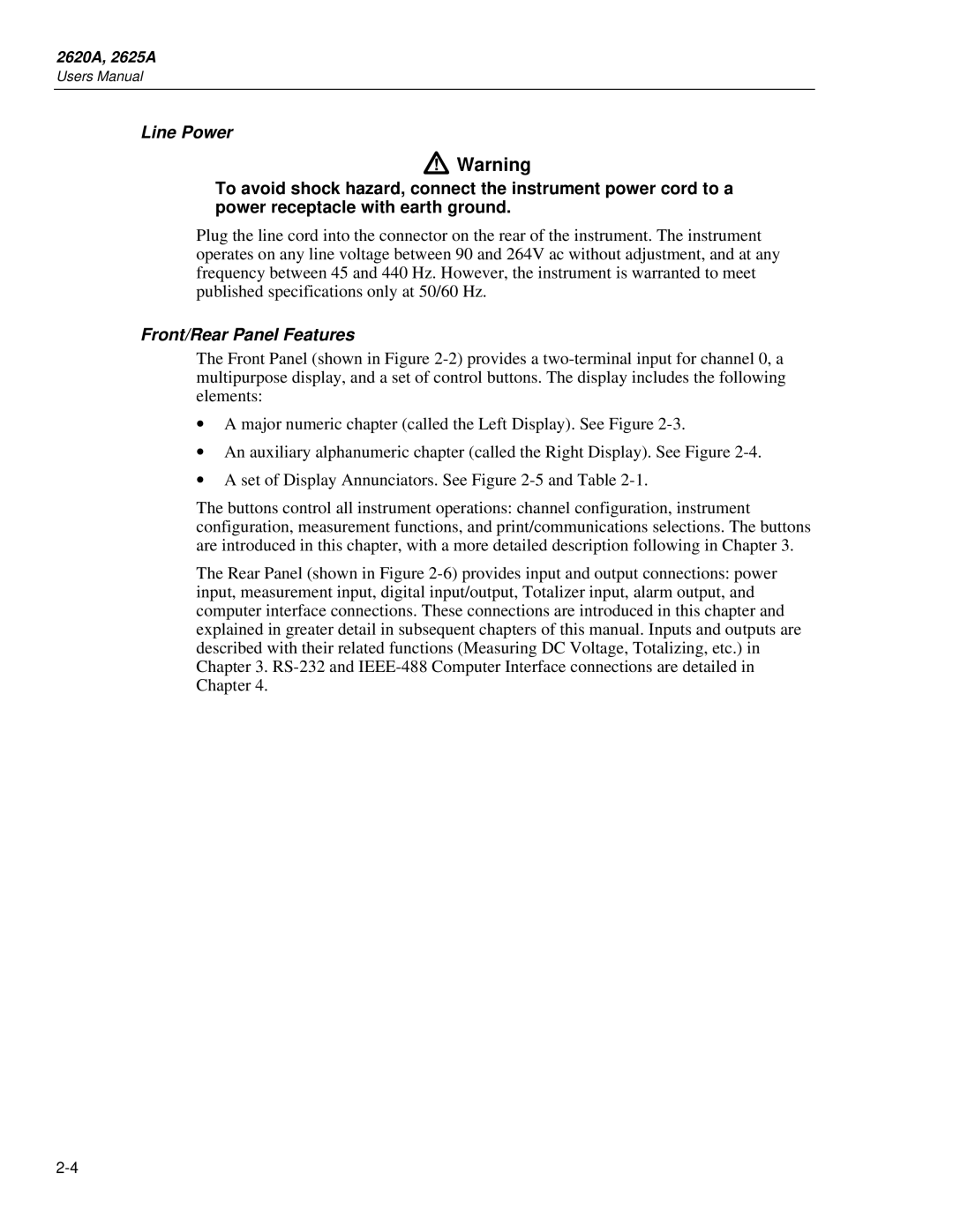 Fluke 2625A, 2620A user manual Line Power, Front/Rear Panel Features 