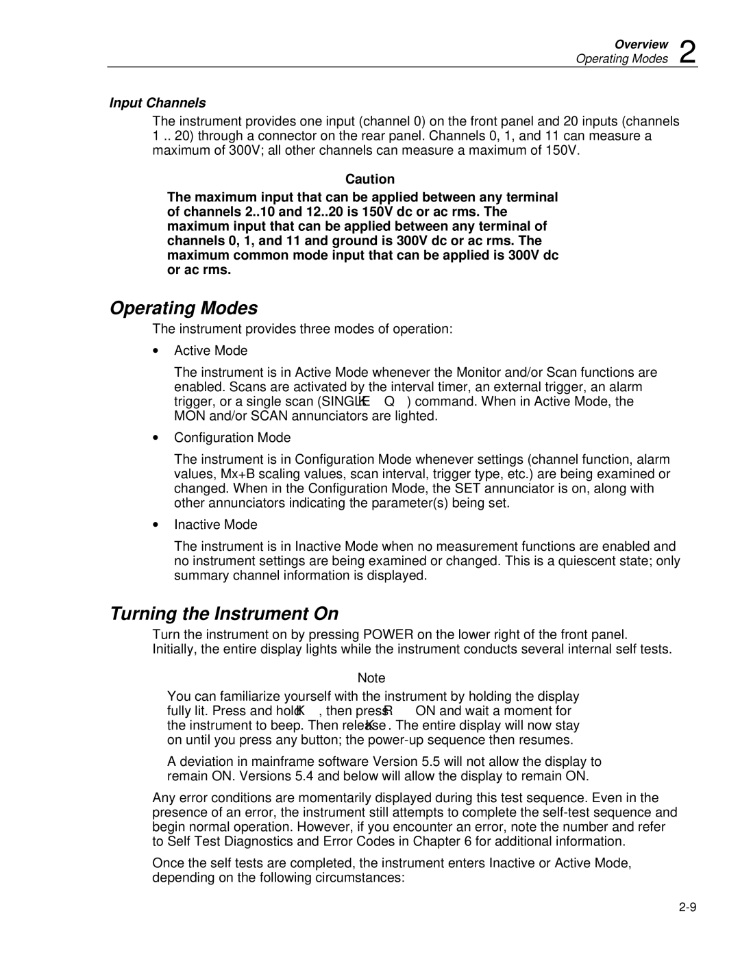 Fluke 2620A, 2625A user manual Operating Modes, Turning the Instrument On, Input Channels 