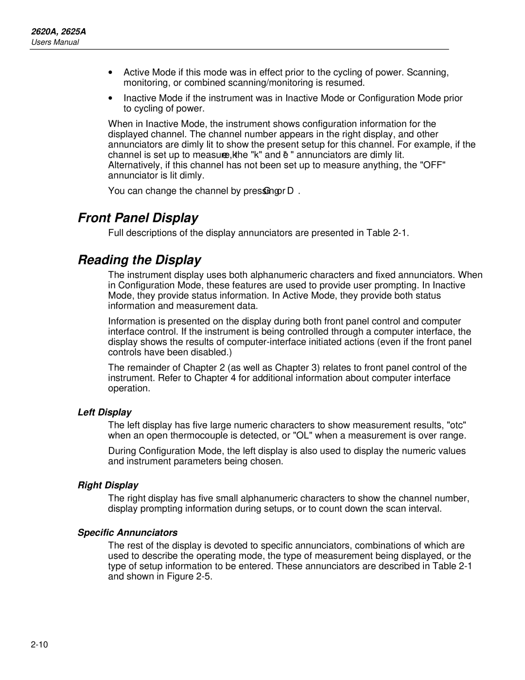 Fluke 2625A, 2620A user manual Front Panel Display, Reading the Display, Left Display, Right Display, Specific Annunciators 