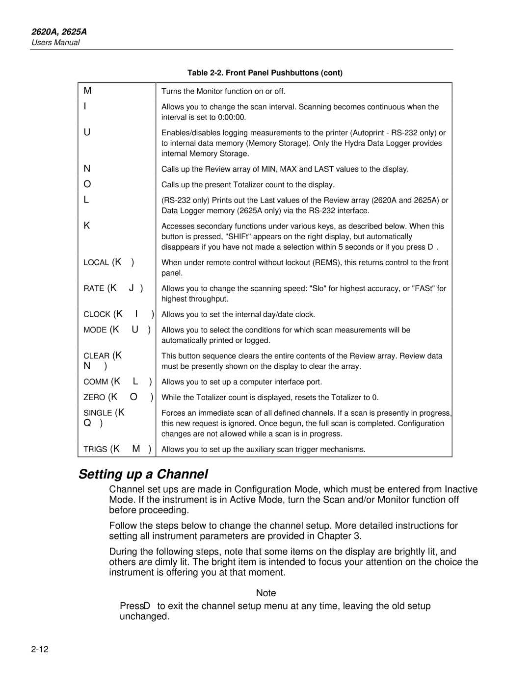 Fluke 2625A, 2620A user manual Setting up a Channel 