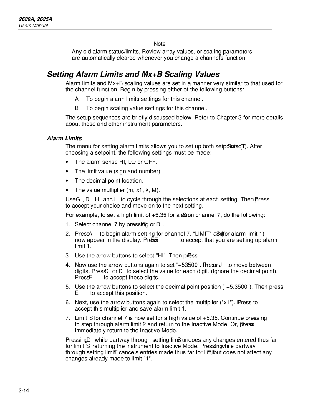 Fluke 2625A, 2620A user manual Setting Alarm Limits and Mx+B Scaling Values 