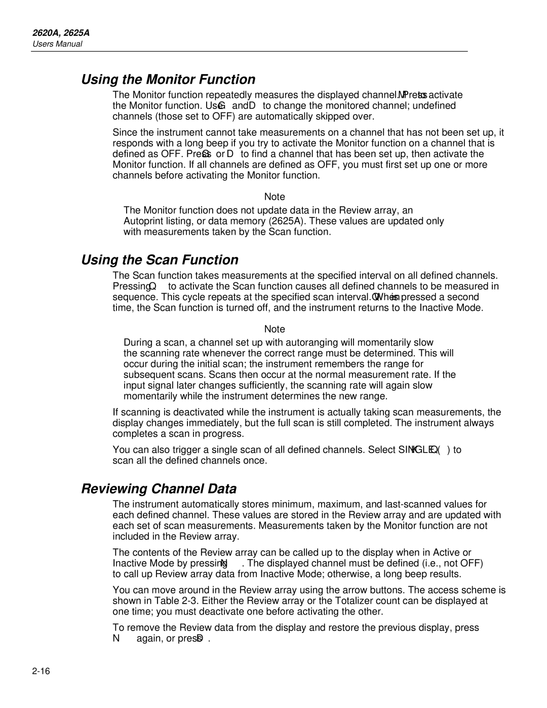 Fluke 2625A, 2620A user manual Using the Monitor Function, Using the Scan Function, Reviewing Channel Data 