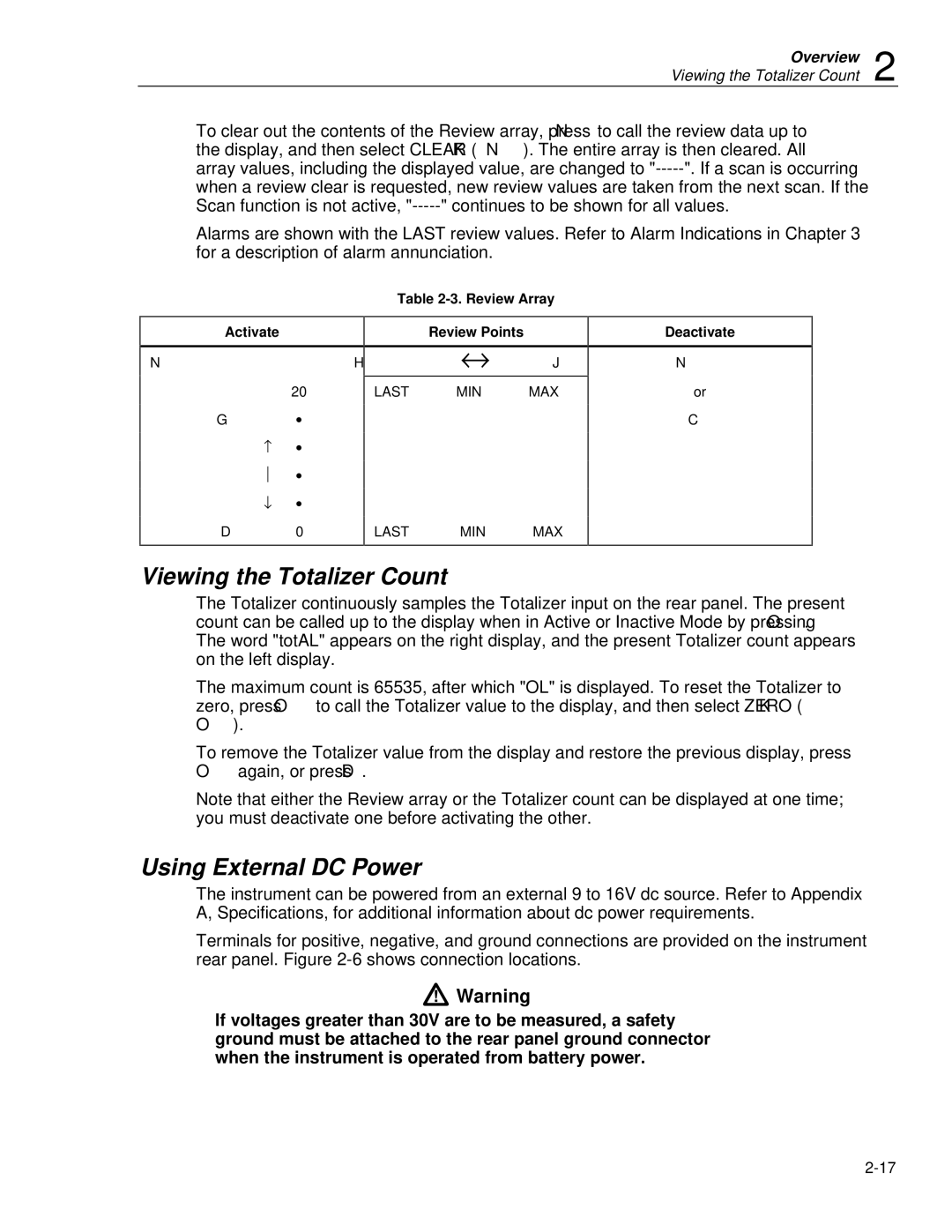 Fluke 2620A, 2625A Viewing the Totalizer Count, Using External DC Power, Activate, Review Array Review Points, Deactivate 