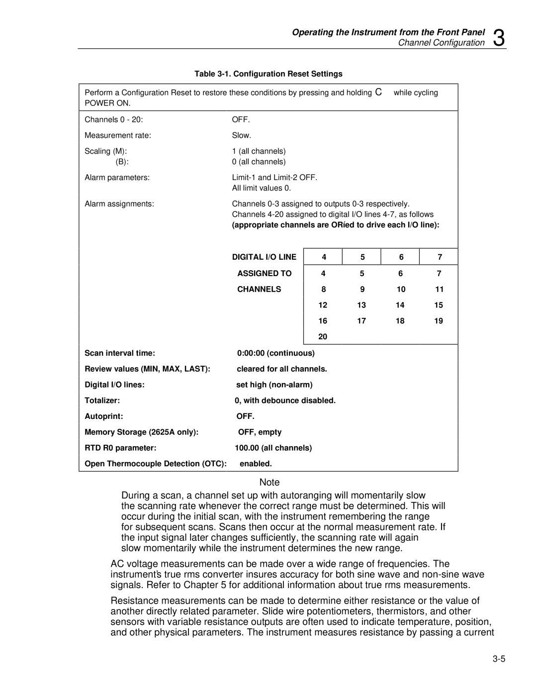 Fluke 2620A, 2625A user manual Configuration Reset Settings, Power on, Digital I/O Line Assigned to Channels 