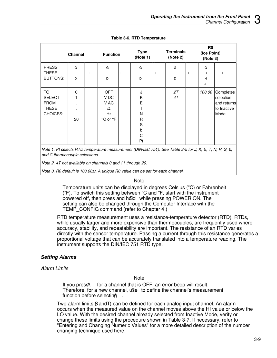 Fluke 2620A, 2625A user manual Setting Alarms, Alarm Limits, RTD Temperature Type Terminals 