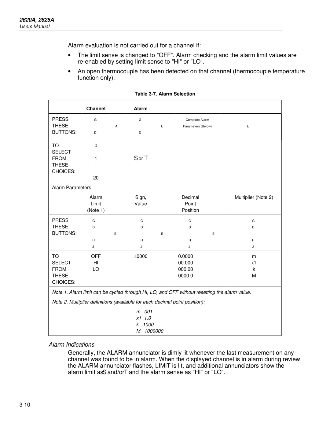 Fluke 2625A, 2620A user manual Alarm Indications, Alarm Selection ChannelAlarm 