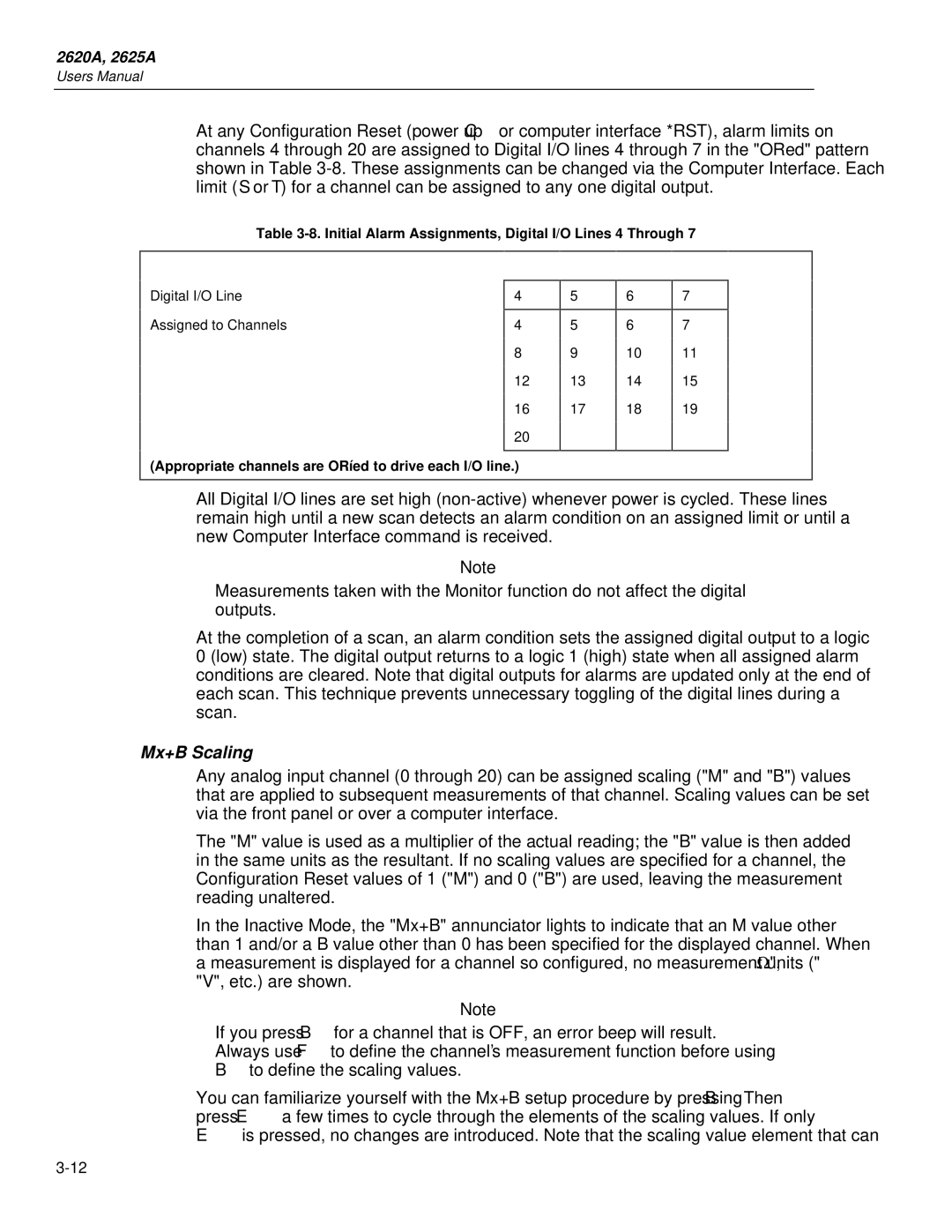 Fluke 2625A, 2620A user manual To define the scaling values, Initial Alarm Assignments, Digital I/O Lines 4 Through 