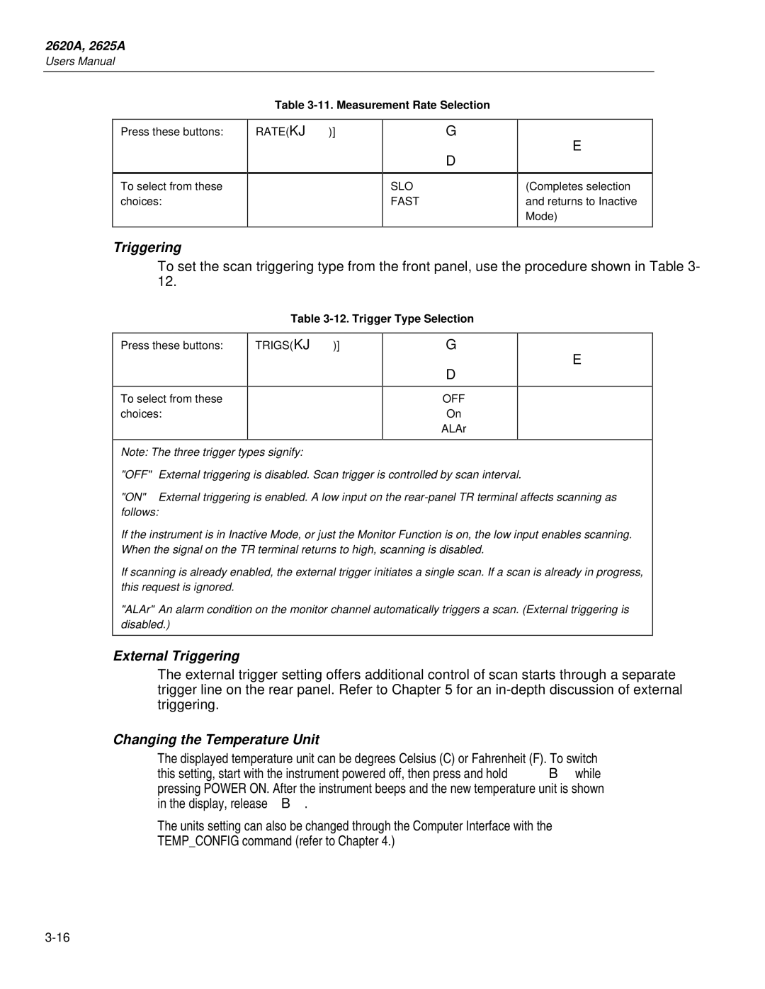 Fluke 2625A External Triggering, Changing the Temperature Unit, Measurement Rate Selection, Trigger Type Selection 