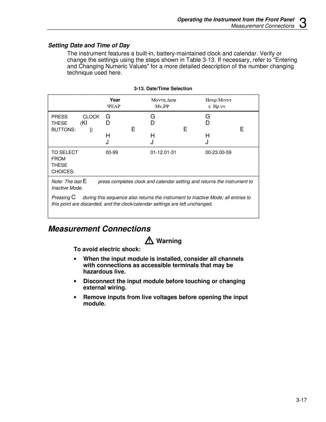 Fluke 2620A, 2625A Measurement Connections, Setting Date and Time of Day, Date/Time Selection Year Month.Day Hour.Minut 