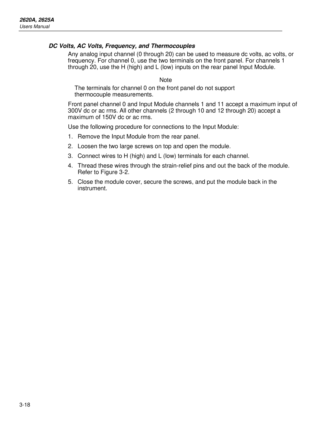 Fluke 2625A, 2620A user manual DC Volts, AC Volts, Frequency, and Thermocouples 