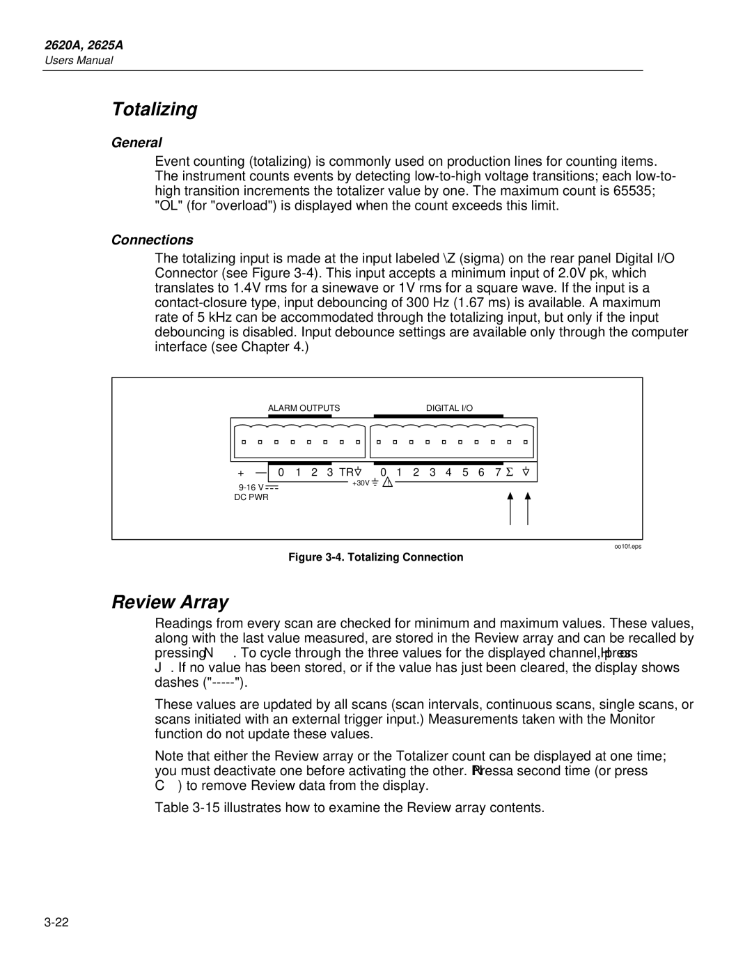 Fluke 2625A, 2620A user manual Totalizing, Review Array, General, Connections 