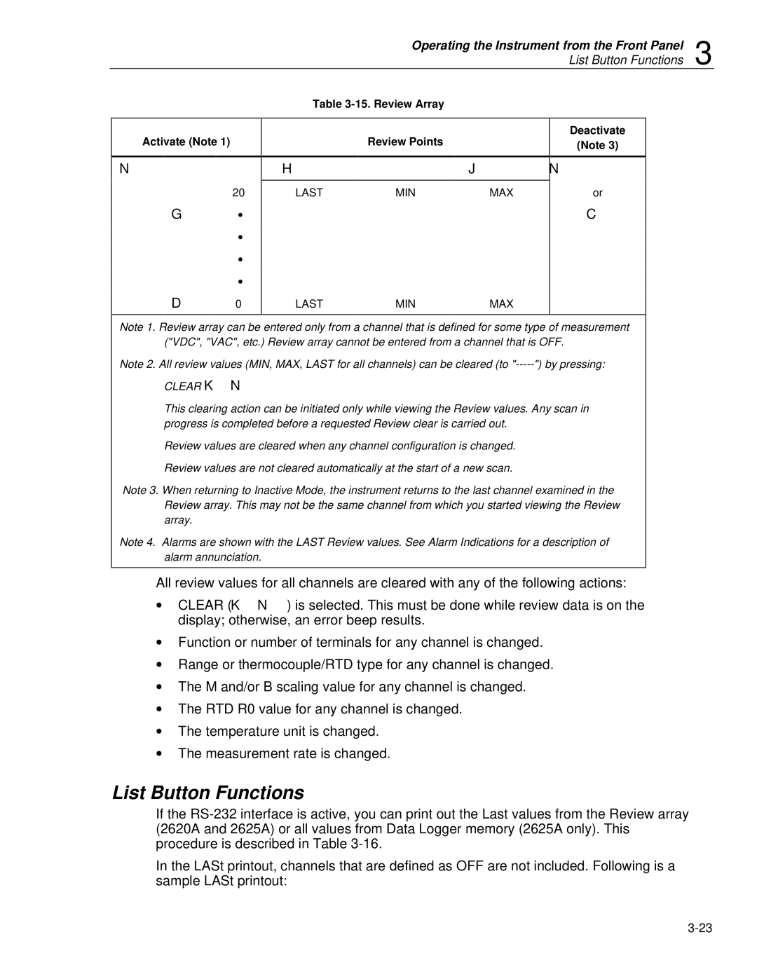 Fluke 2620A, 2625A user manual List Button Functions, Activate Note 15. Review Array Review Points 