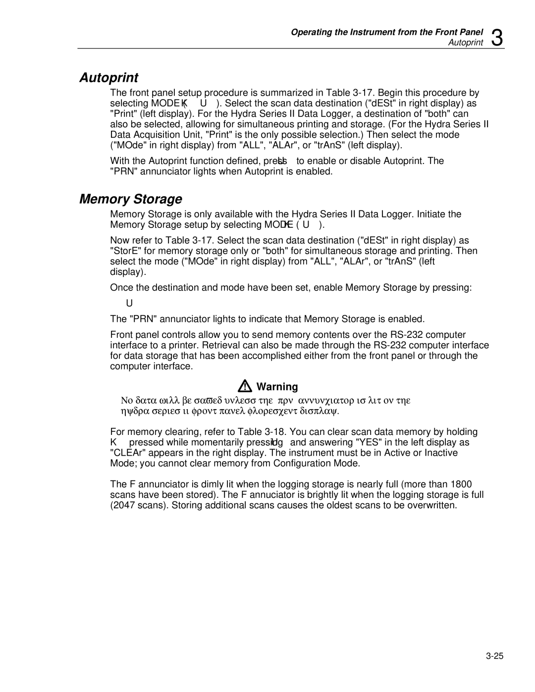 Fluke 2620A, 2625A user manual Autoprint, Memory Storage 