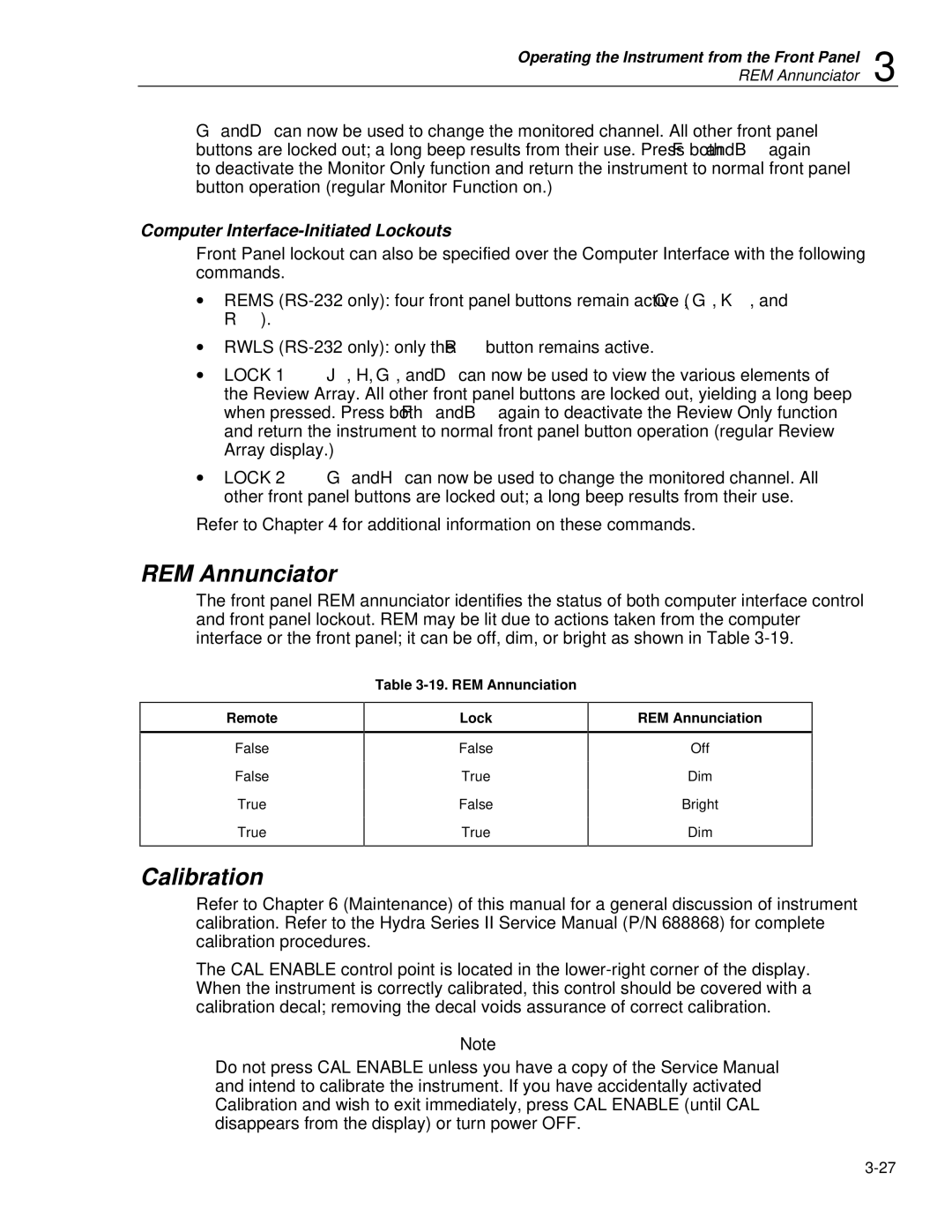 Fluke 2620A, 2625A user manual REM Annunciator, Calibration, Computer Interface-Initiated Lockouts 