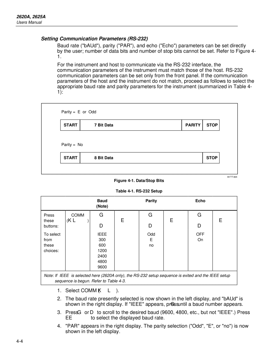 Fluke 2625A, 2620A user manual Setting Communication Parameters RS-232, Parity = E or Odd, Parity = No 