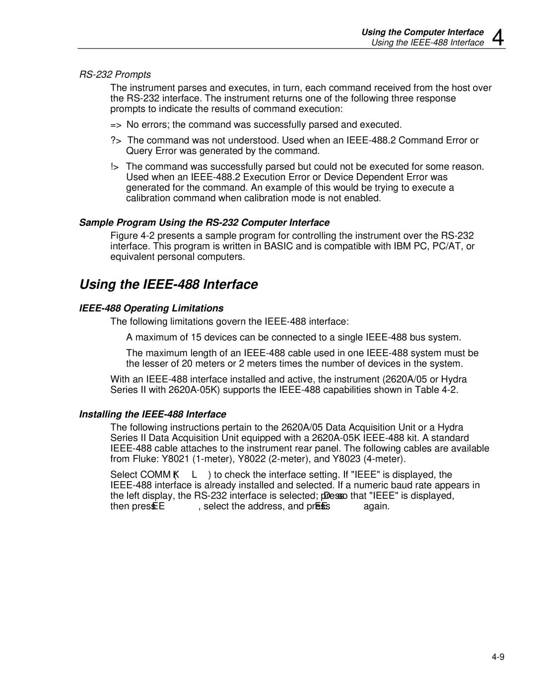 Fluke 2620A, 2625A Using the IEEE-488 Interface, RS-232 Prompts, Sample Program Using the RS-232 Computer Interface 