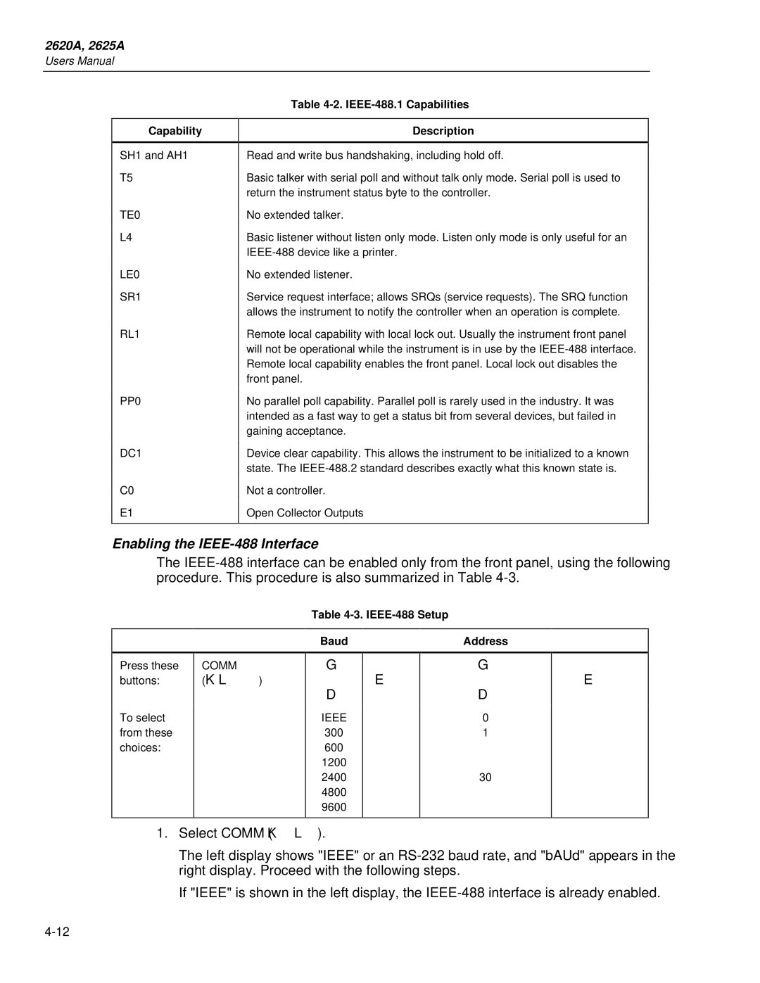 Fluke 2625A Enabling the IEEE-488 Interface, Capability, IEEE-488.1 Capabilities Description, IEEE-488 Setup BaudAddress 