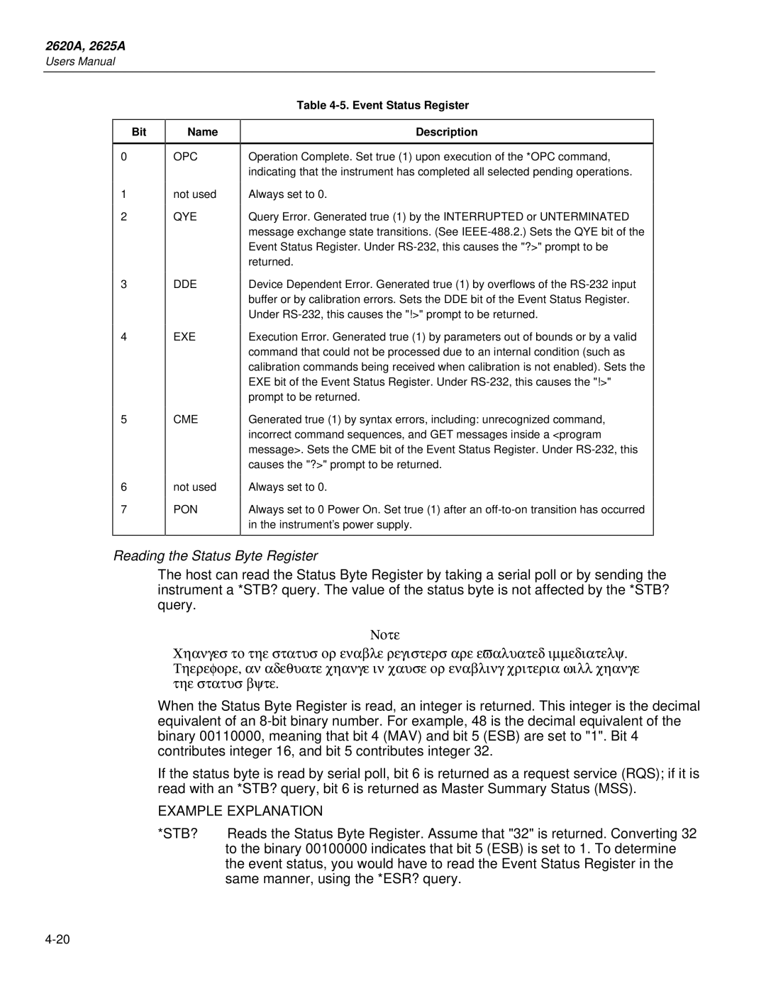 Fluke 2625A, 2620A user manual Reading the Status Byte Register, Event Status Register Description 