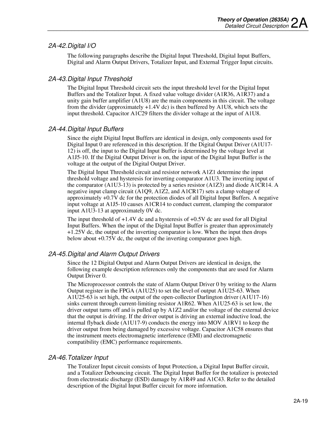 Fluke 2625A, 2635A 2A-42.Digital I/O, 2A-43.Digital Input Threshold, 2A-44.Digital Input Buffers, 2A-46.Totalizer Input 