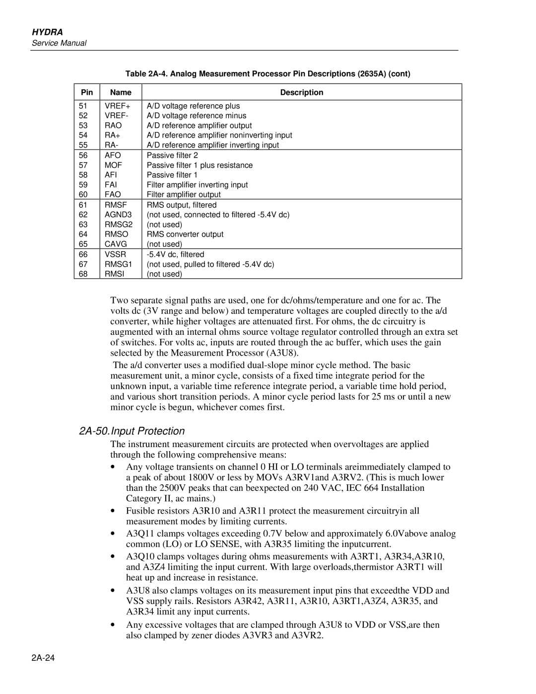 Fluke 2625A service manual 2A-50.Input Protection, Analog Measurement Processor Pin Descriptions 2635A Name 