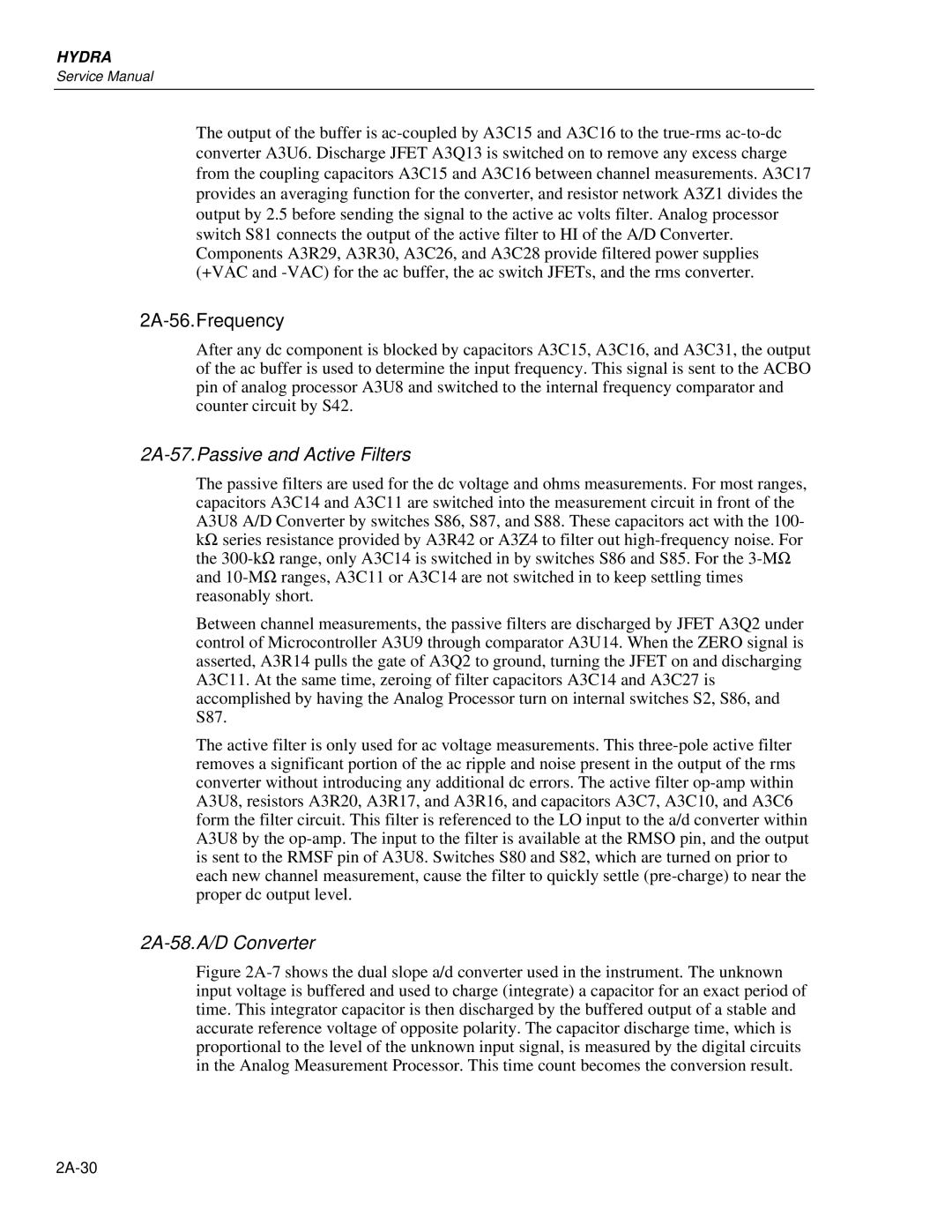 Fluke 2635A, 2625A service manual 2A-57.Passive and Active Filters, 2A-58.A/D Converter 