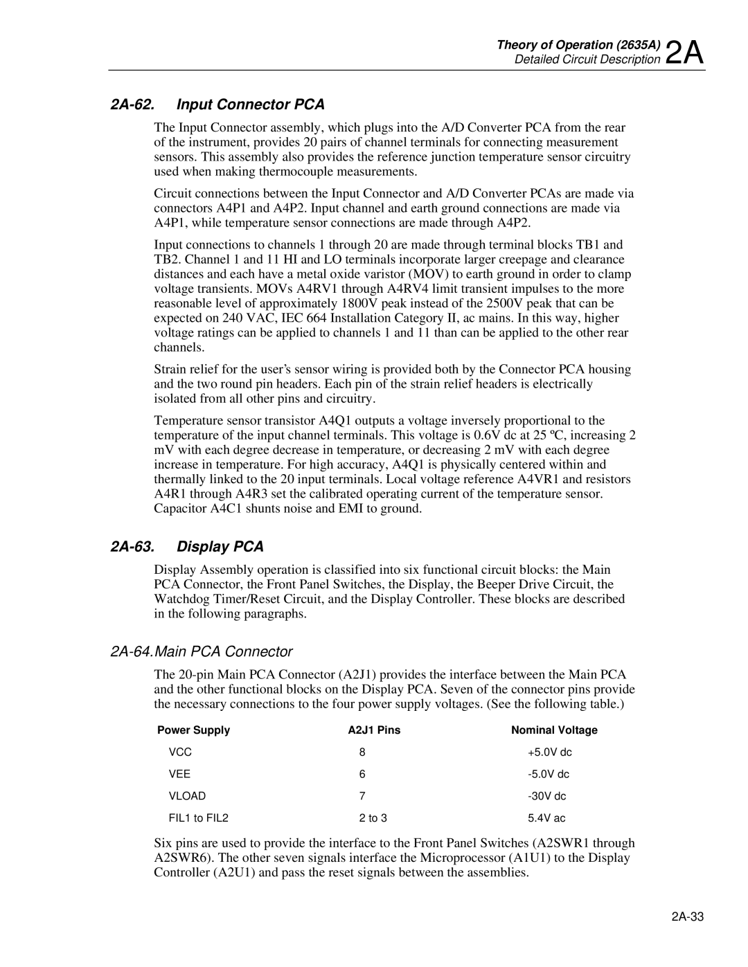 Fluke 2625A, 2635A service manual 2A-62. Input Connector PCA, 2A-63. Display PCA, 2A-64.Main PCA Connector 